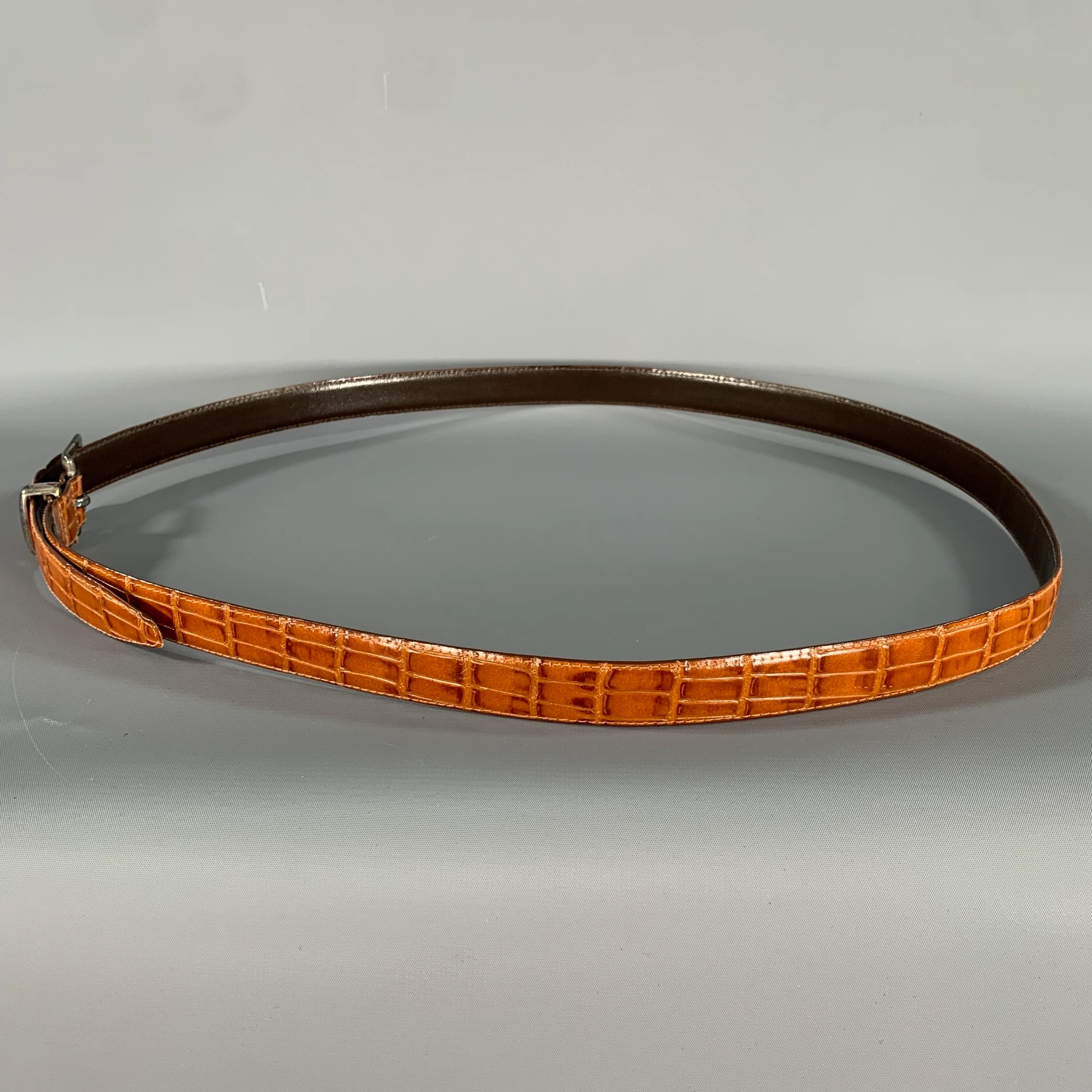NO BRAND Brown Cognac Alligator Leather Belt - Image 4