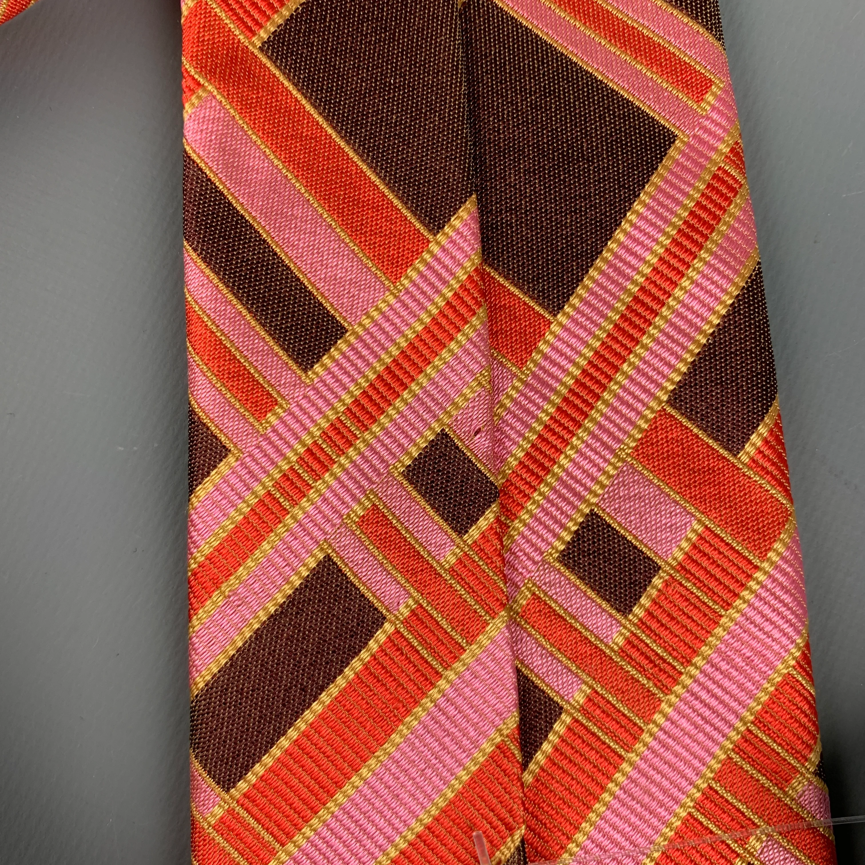 NO BRAND Brown Pink Orange Plaid Silk Tie - Image 4