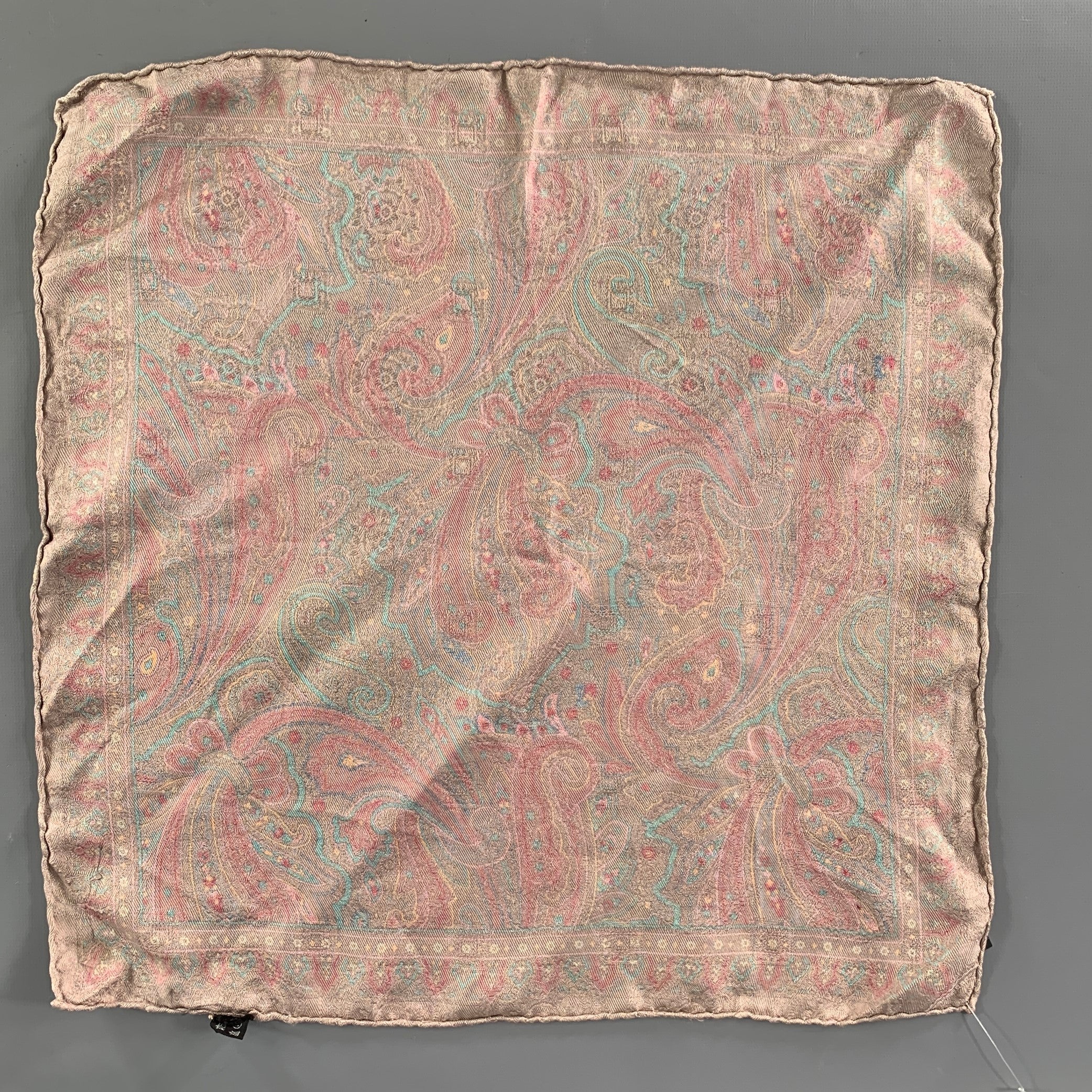 NO BRAND Pink Blue Paisley Silk Pocket Square - Image 2