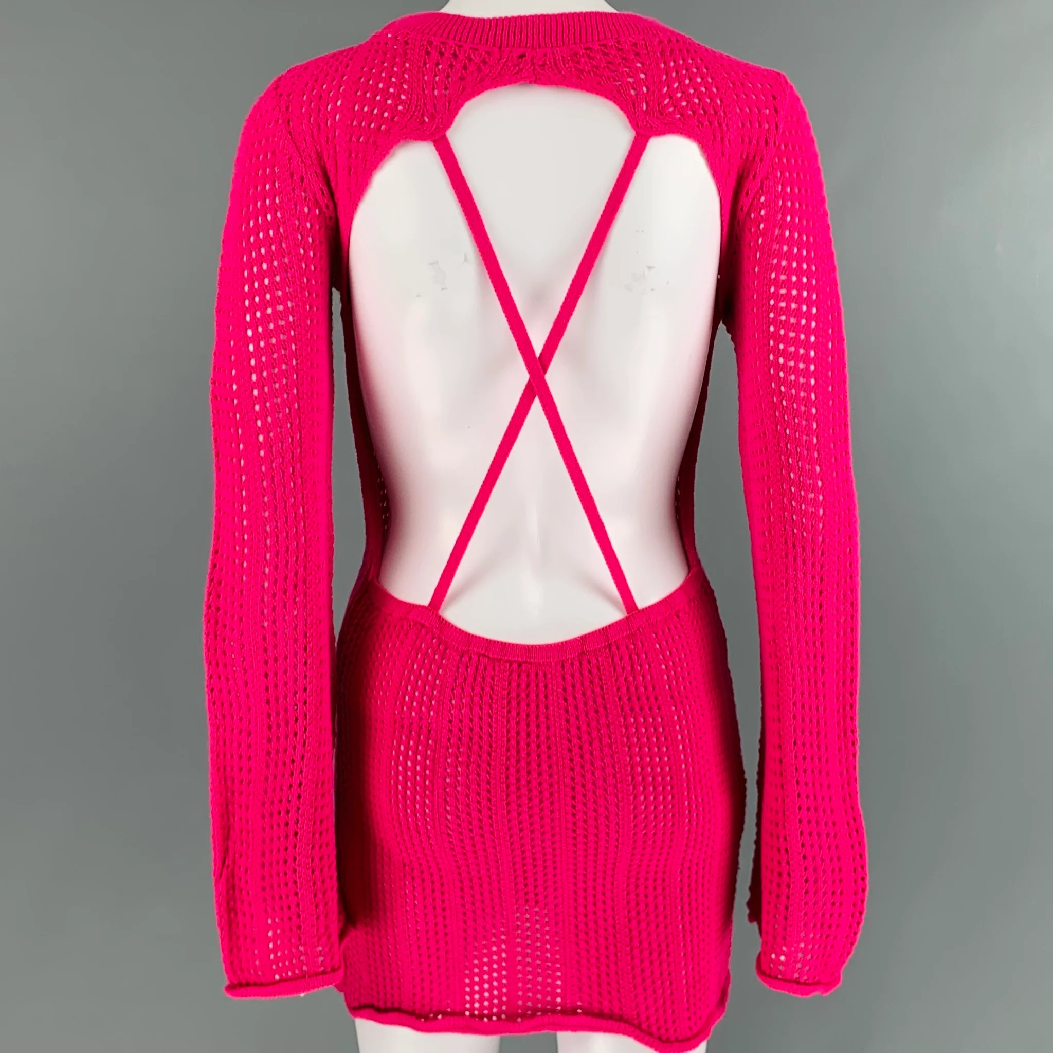 NO BRAND Size S Pink See Through Crochet Mini Knit Dress - Image 3