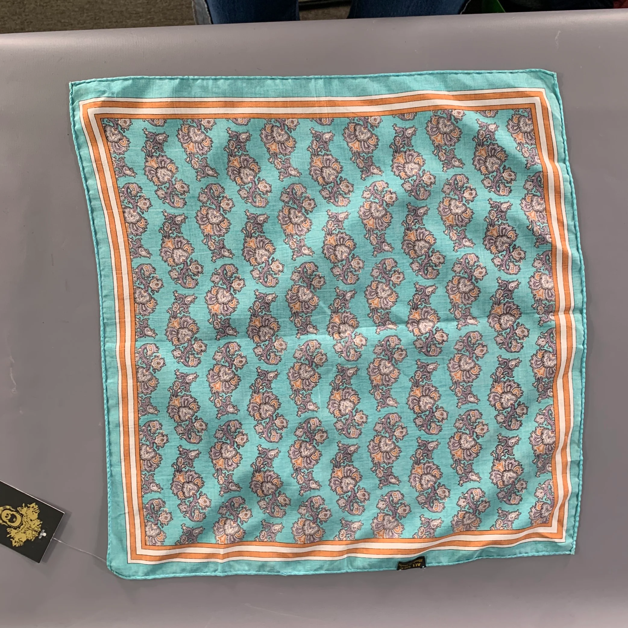 NO BRAND Teal Orange Paisley Silk Pocket Square - Image 3