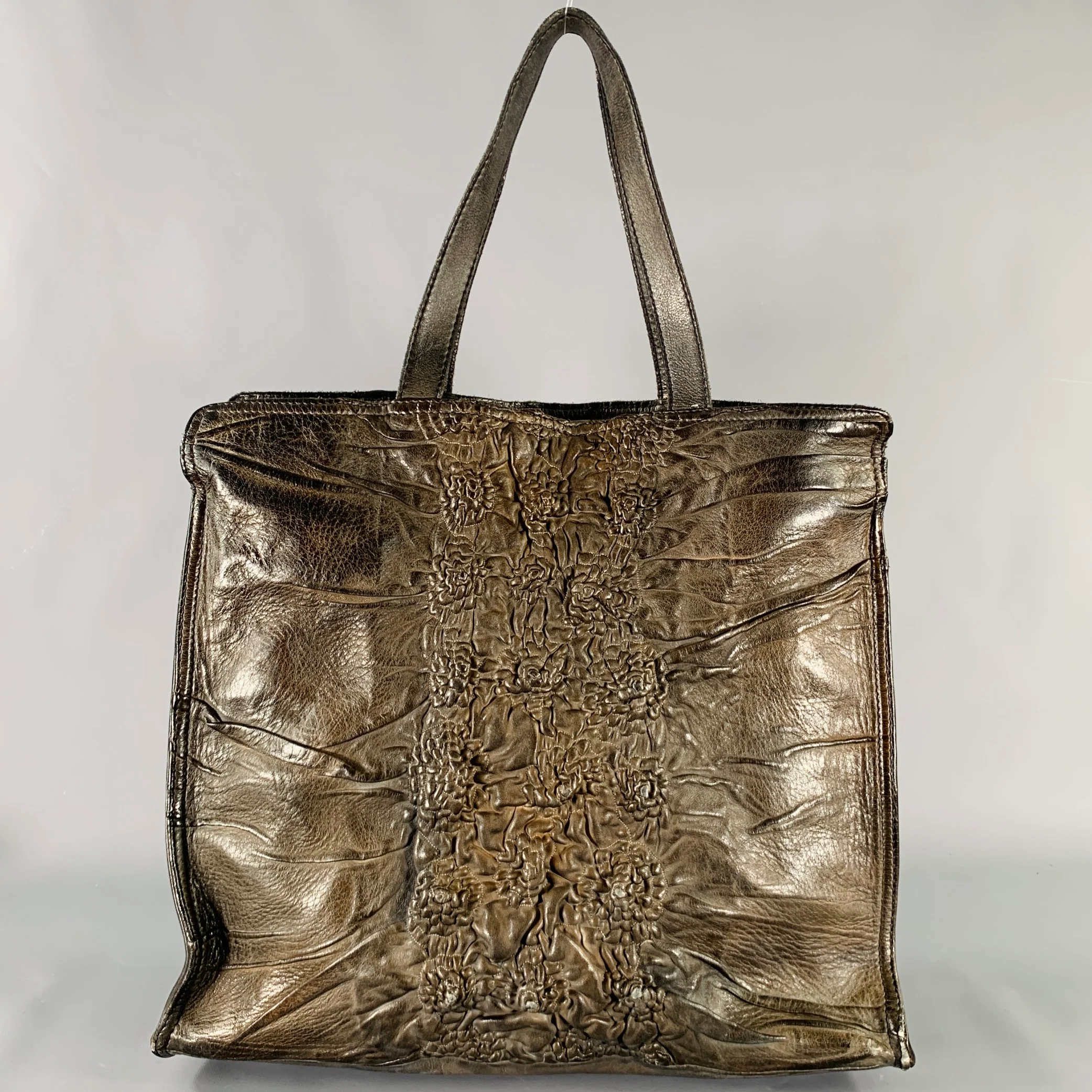NUMERO 10 Brown Off White Embroidered Leather Tote Handbag