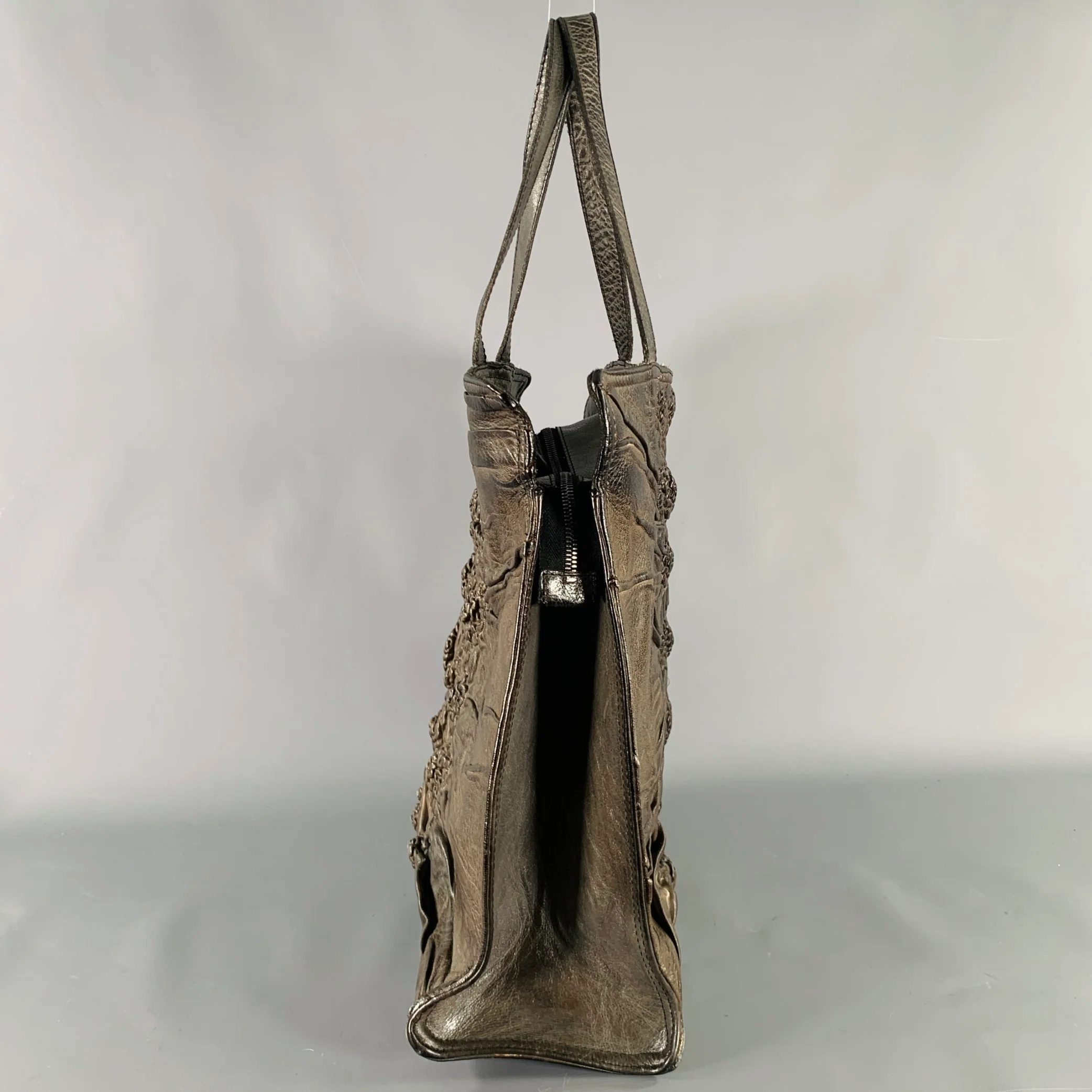 NUMERO 10 Brown Off White Embroidered Leather Tote Handbag - Image 5