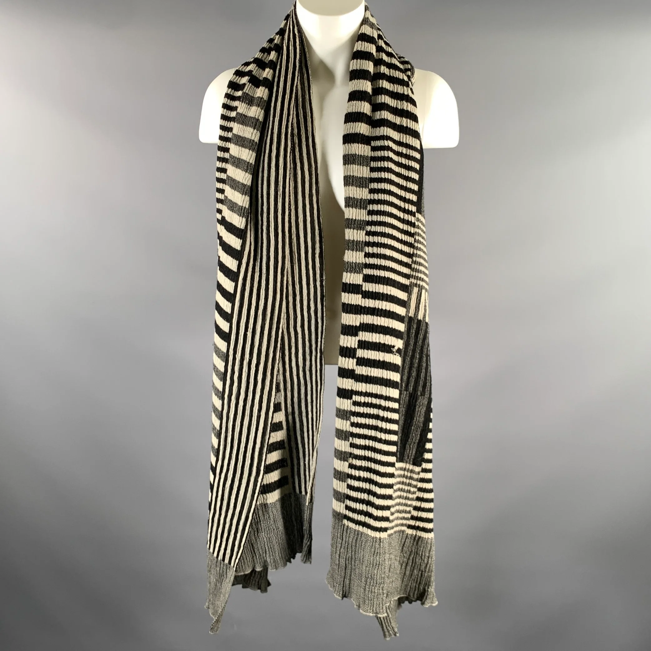 NUNO Black Cream Stripe Polyester Scarves & Shawls - Image 2