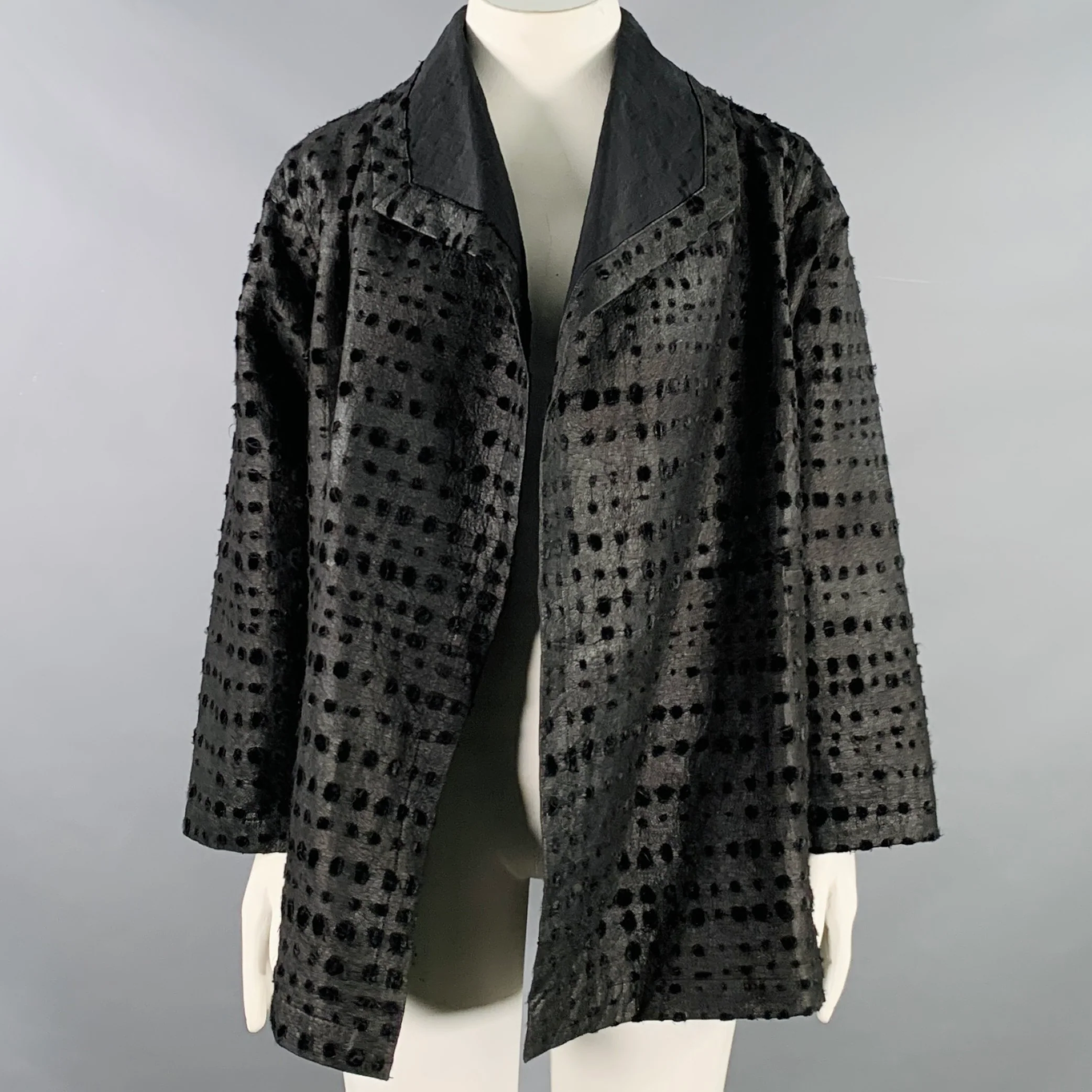 NUNO Size L Black Rayon Polyester Distressed Dots Open Front Jacket