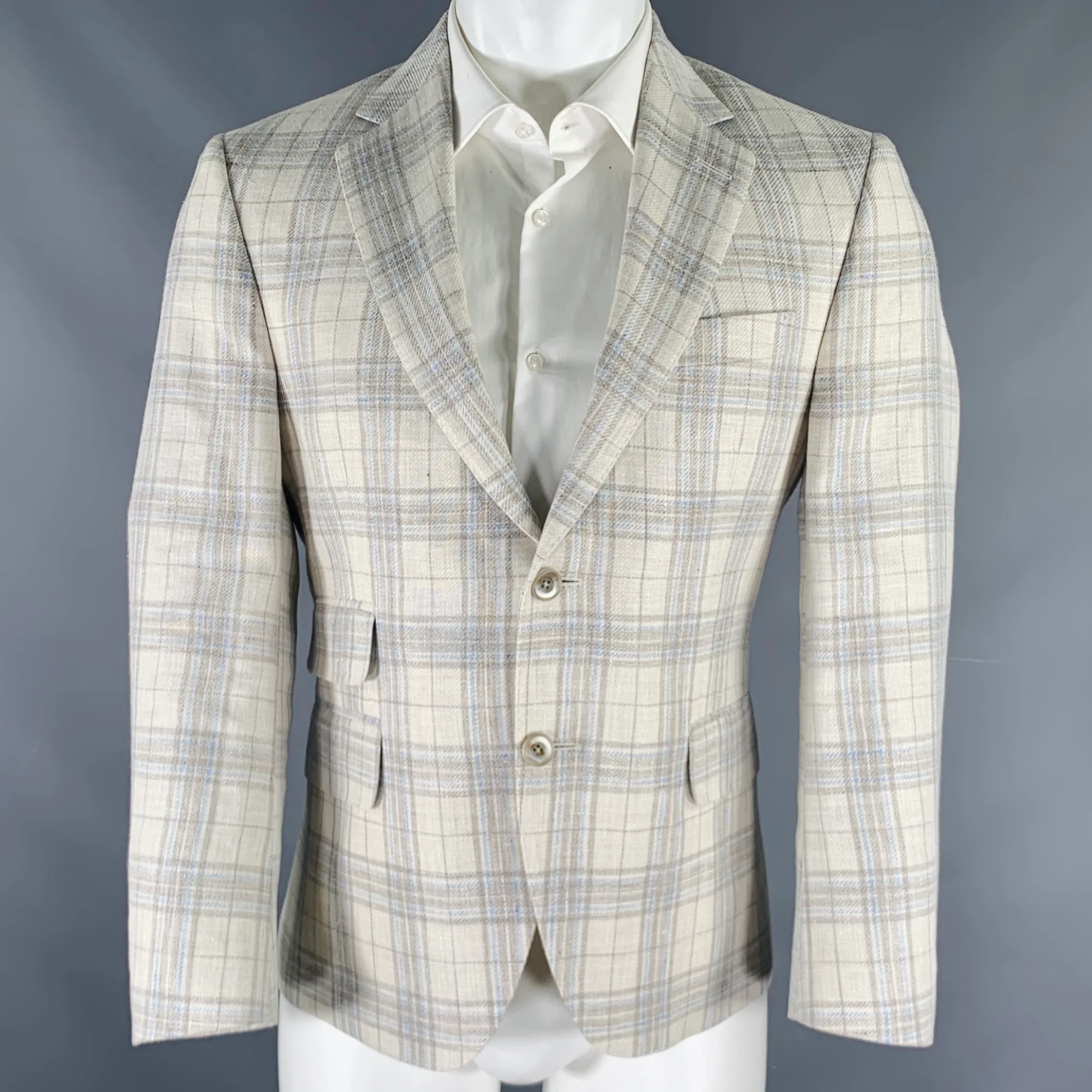 OARS & OLD IVY Size 38 White Brown Blue Plaid Linen Wool Sport Coat