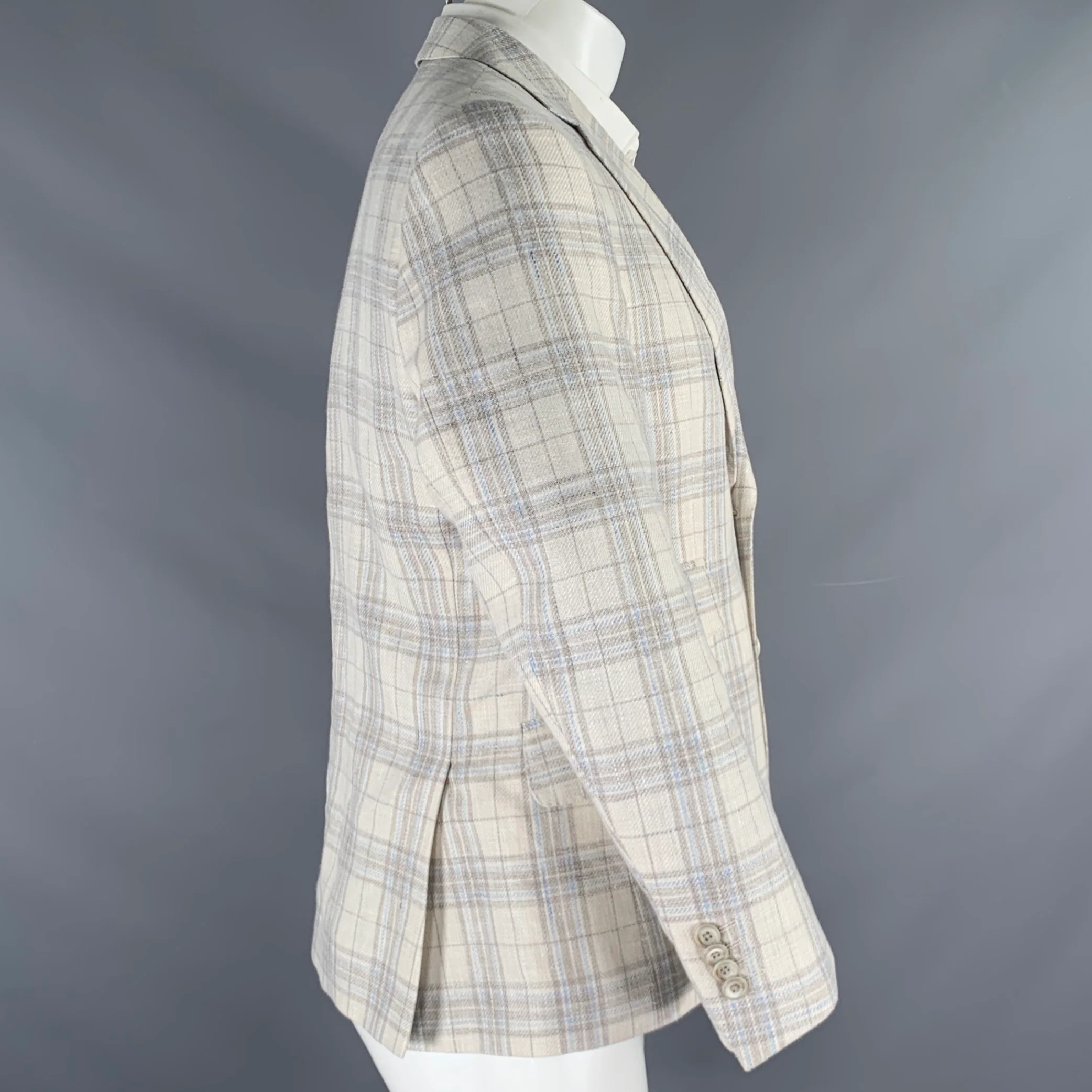 OARS & OLD IVY Size 38 White Brown Blue Plaid Linen Wool Sport Coat - Image 3