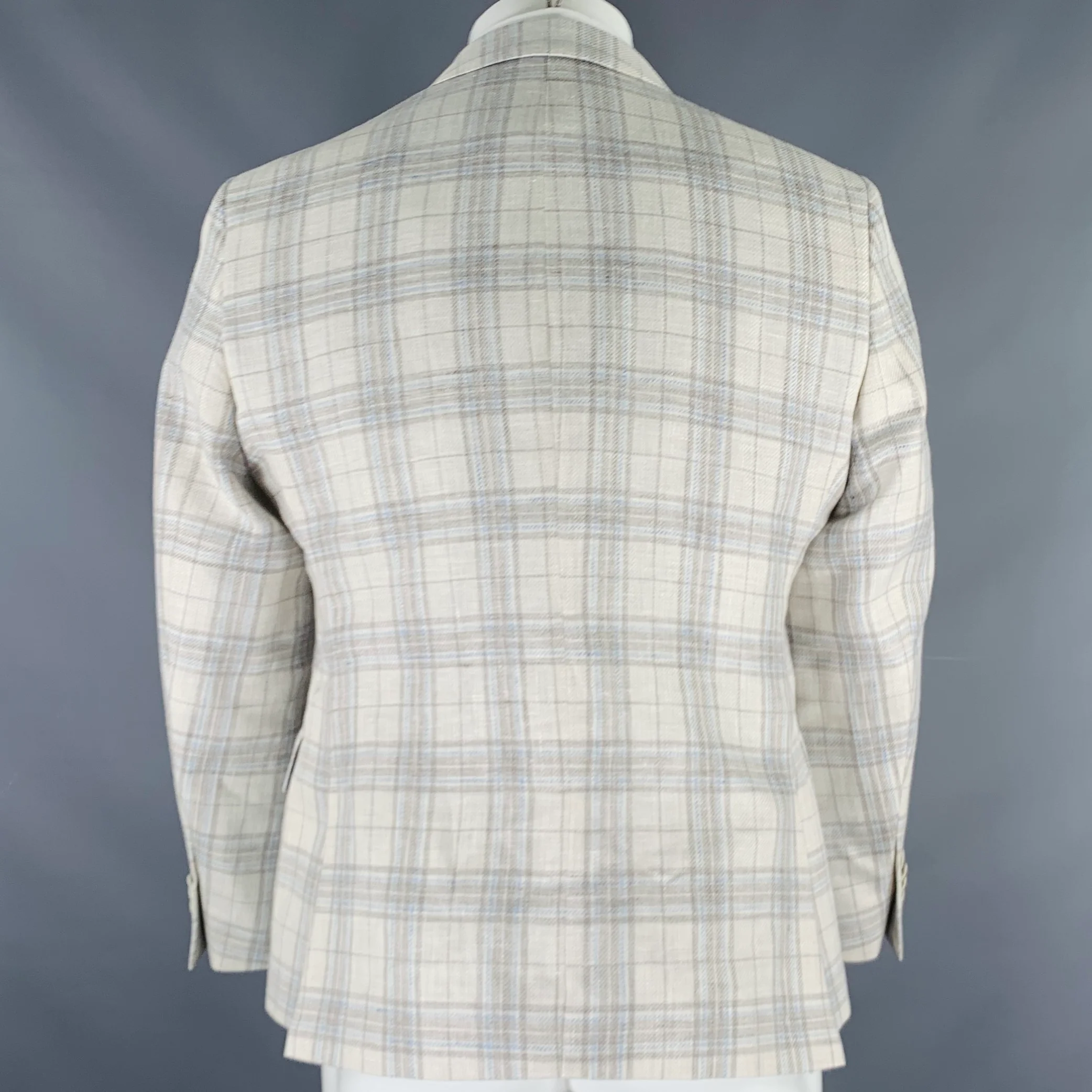 OARS & OLD IVY Size 38 White Brown Blue Plaid Linen Wool Sport Coat - Image 4