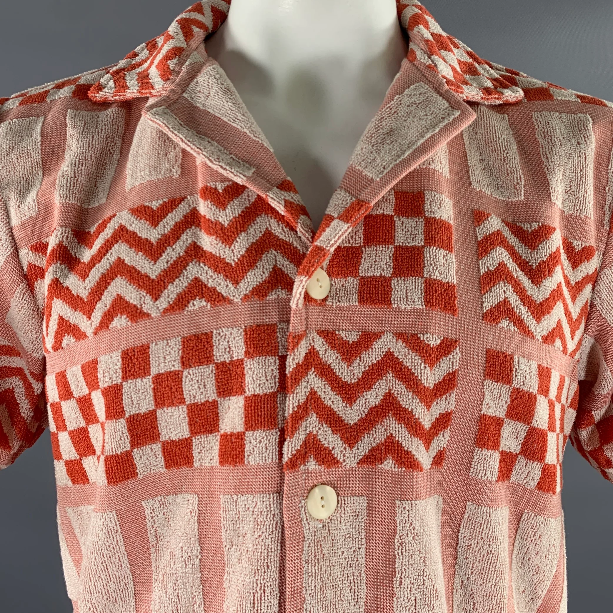 OAS Size L Orange White Abstract Terry Camp Short Sleeve Shirt - Image 2