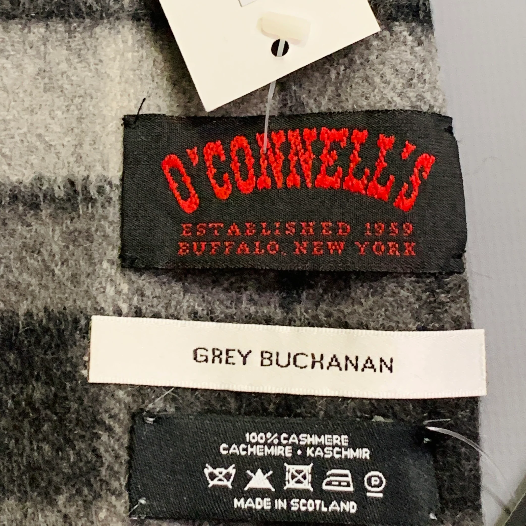 O'CONNELL'S Grey Black Plaid Cashmere Fringe Scarf - Image 3