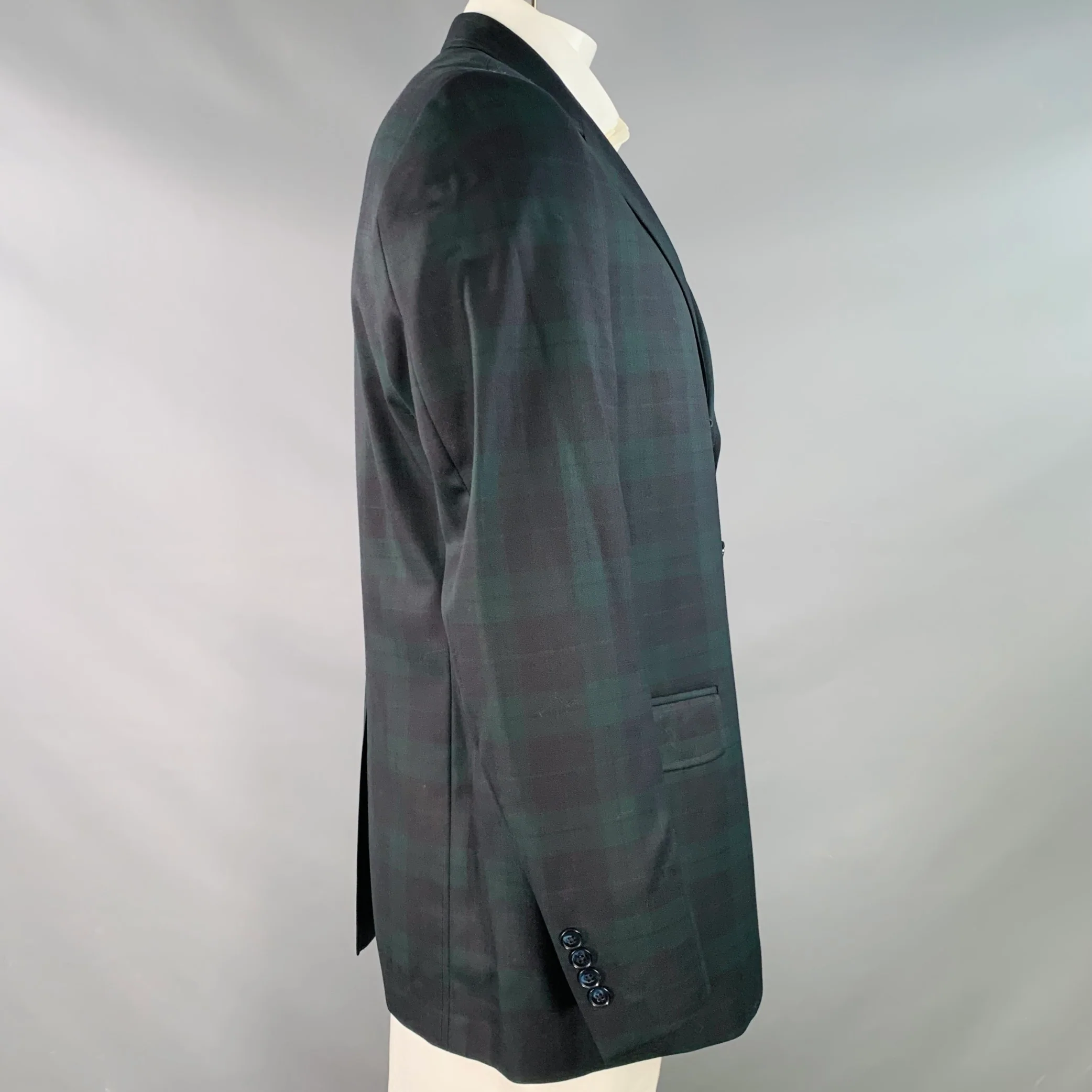 O'CONNELL'S Size 42 Black Green Blackwatch Plaid Virgin Wool Sport Coat - Image 3