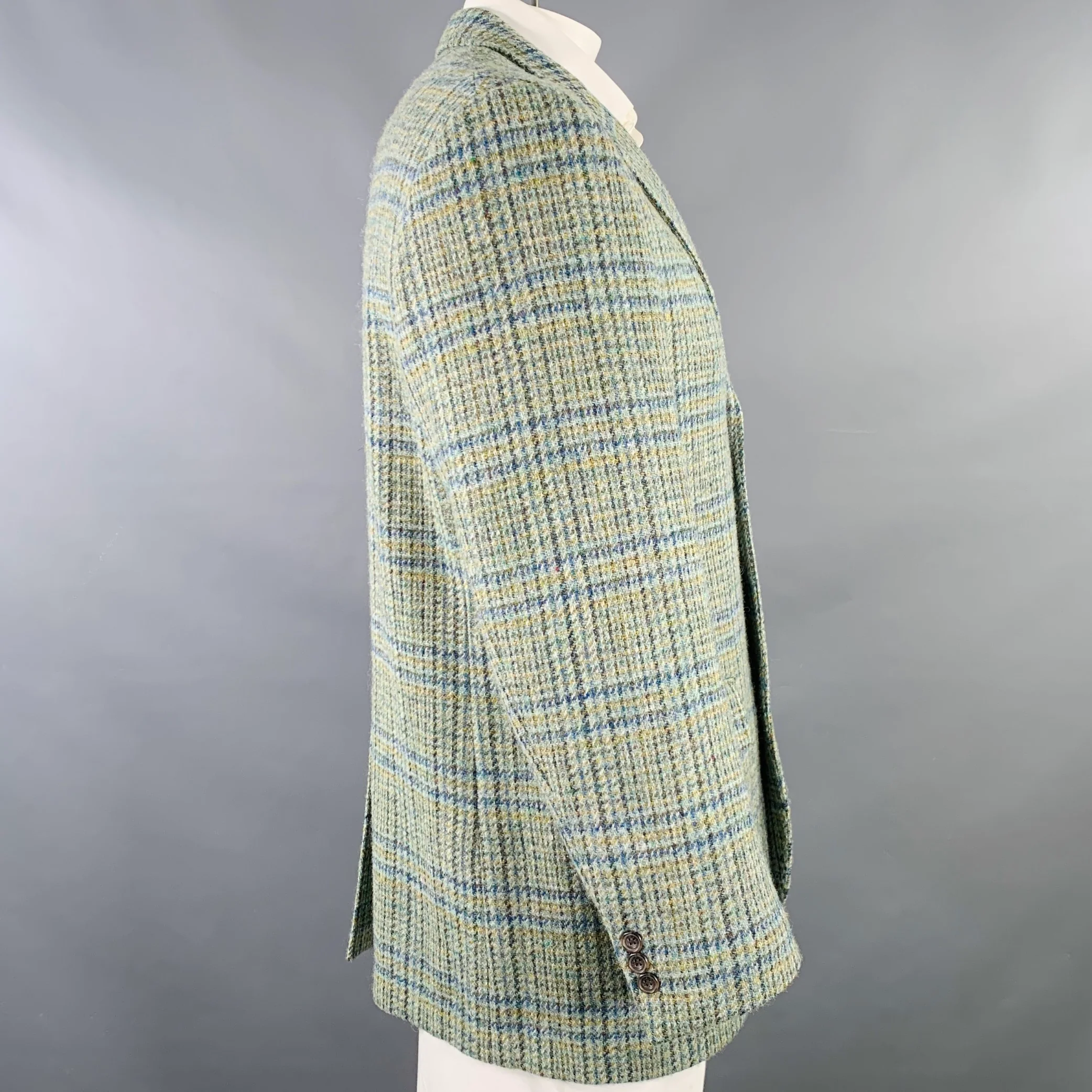 O'CONNELL'S Size 42 Green Blue Checkered Virgin Wool Sport Coat - Image 3