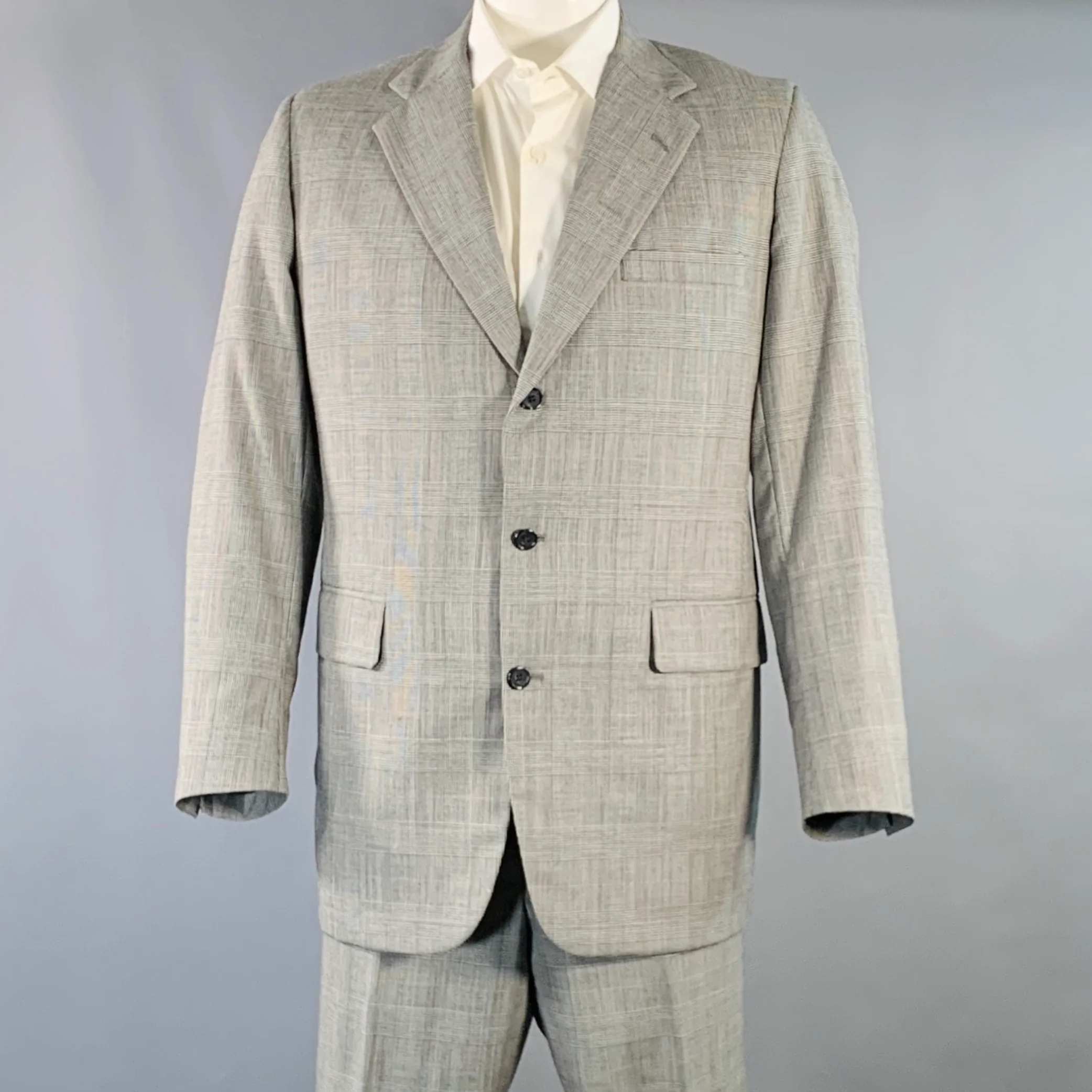 O'CONNELL'S Size 42 Long Black White Plaid Wool Notch Lapel Suit