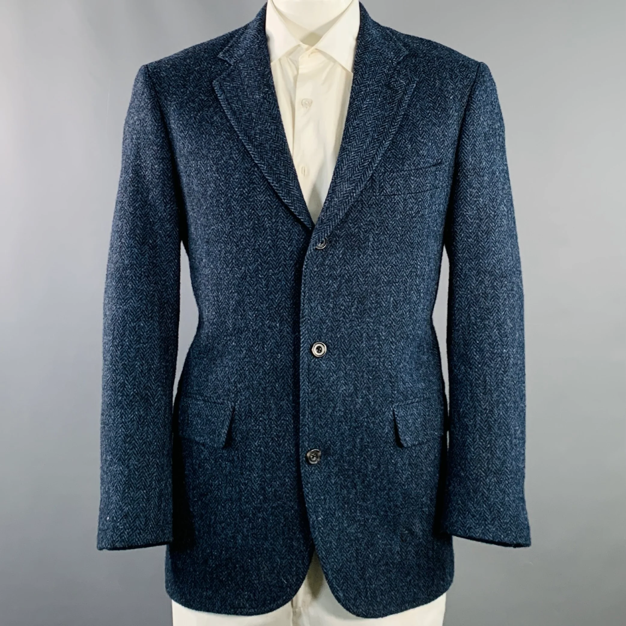 O'CONNELL'S Size 42 Long Blue Black Herringbone Wool Sport Coat