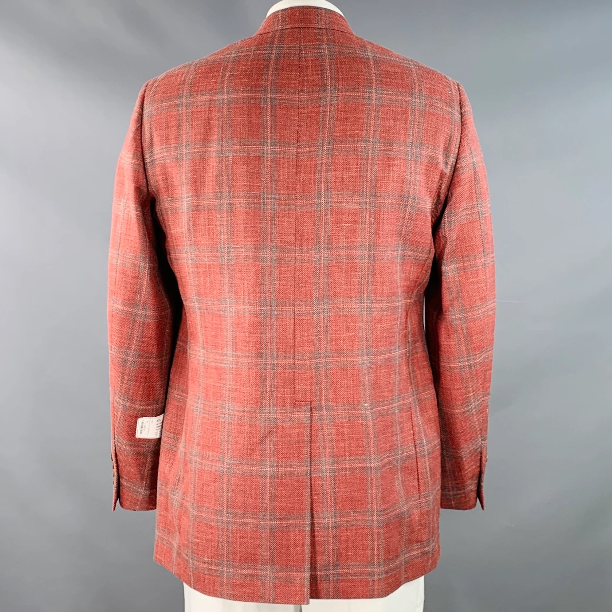 O'CONNELL'S Size 42 Long Blue & Raspberry Plaid Wool Linen Silk Sport Coat - Image 4