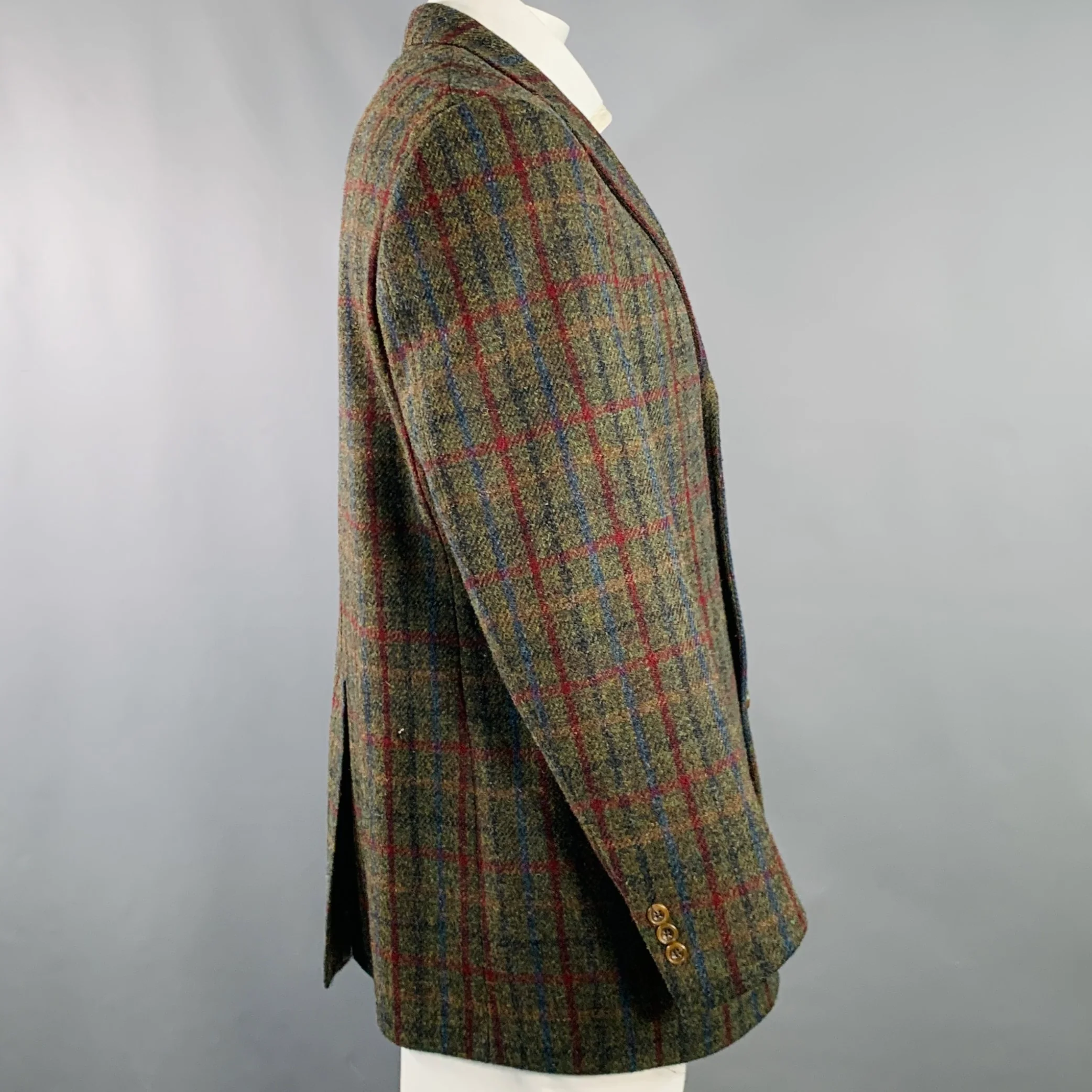 O'CONNELL'S Size 42 Long Brown Red Plaid Wool Notch Lapel Sport Coat - Image 3