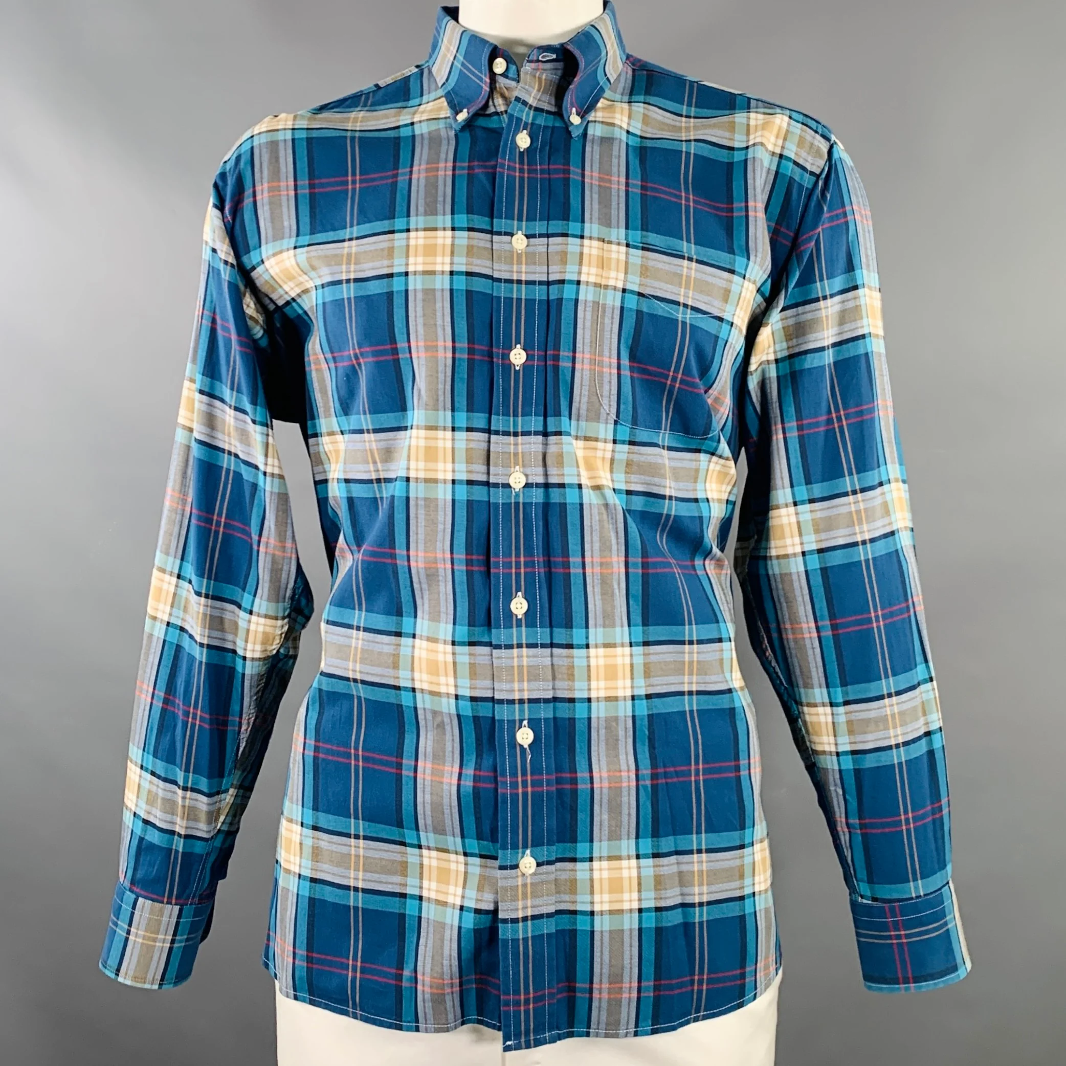 O'CONNELL'S Size L Blue Beige Red Plaid Cotton One Pocket Long Sleeve Shirt