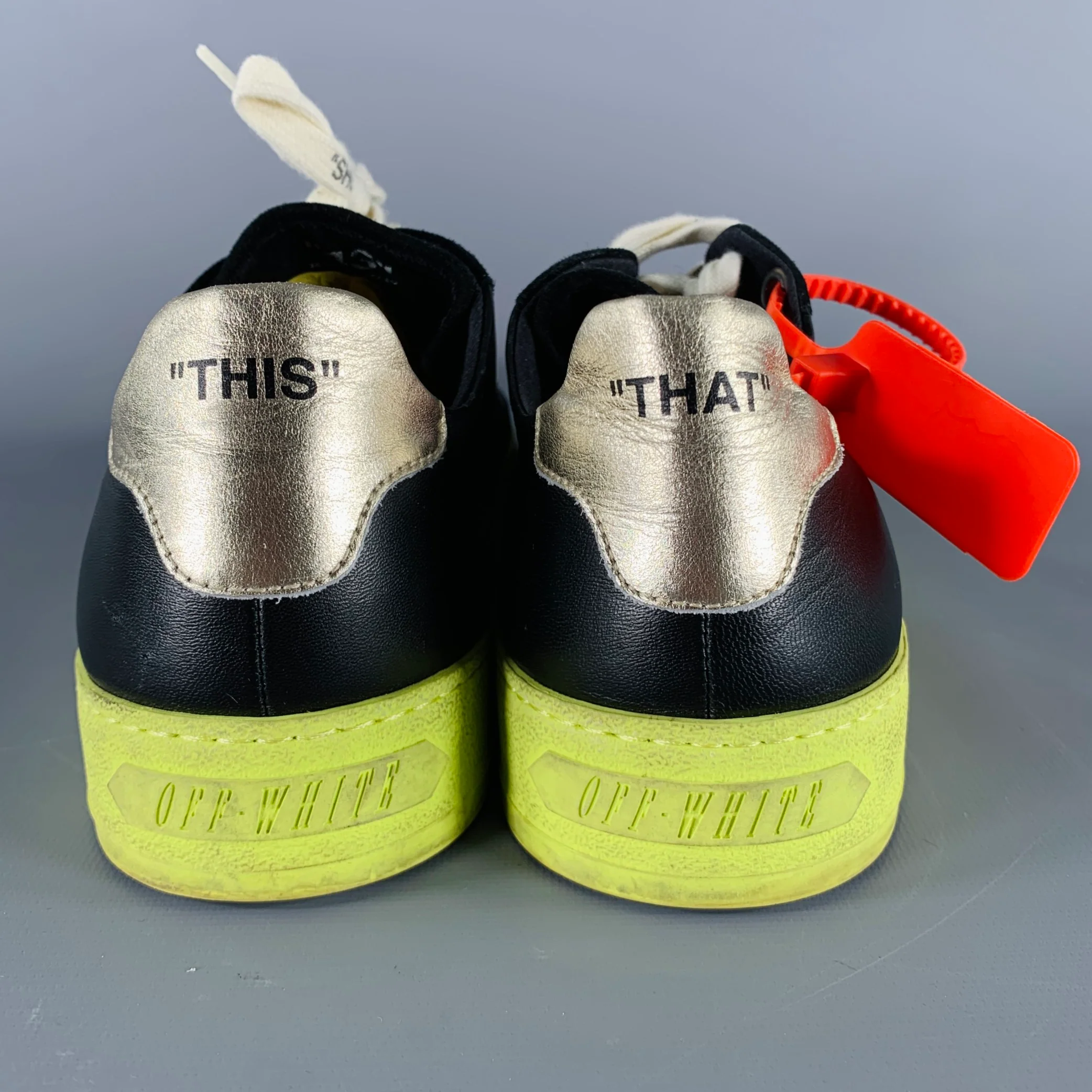 OFF-WHITE Size 10 Black Green Leather Zip Tie Lace-Up Sneakers - Image 3