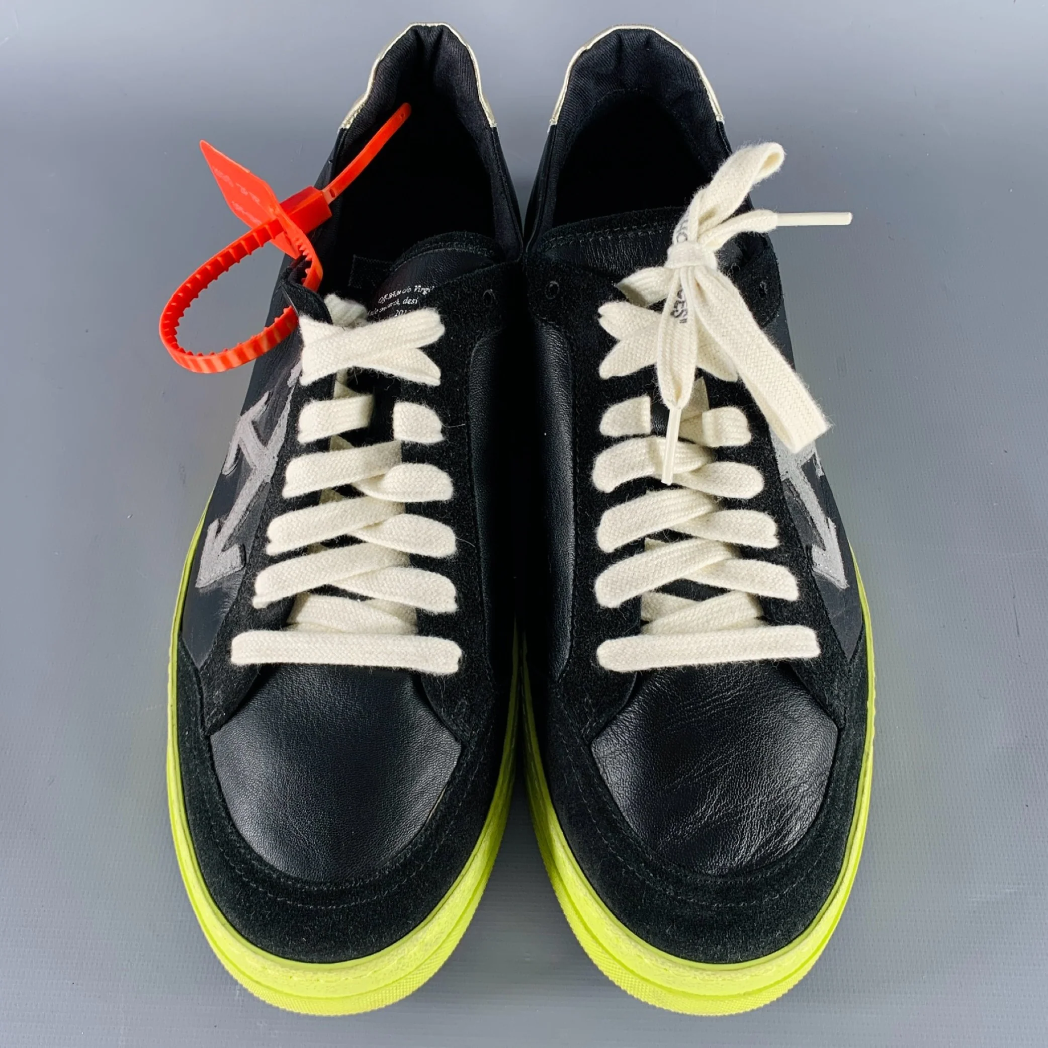 OFF-WHITE Size 10 Black Green Leather Zip Tie Lace-Up Sneakers - Image 4