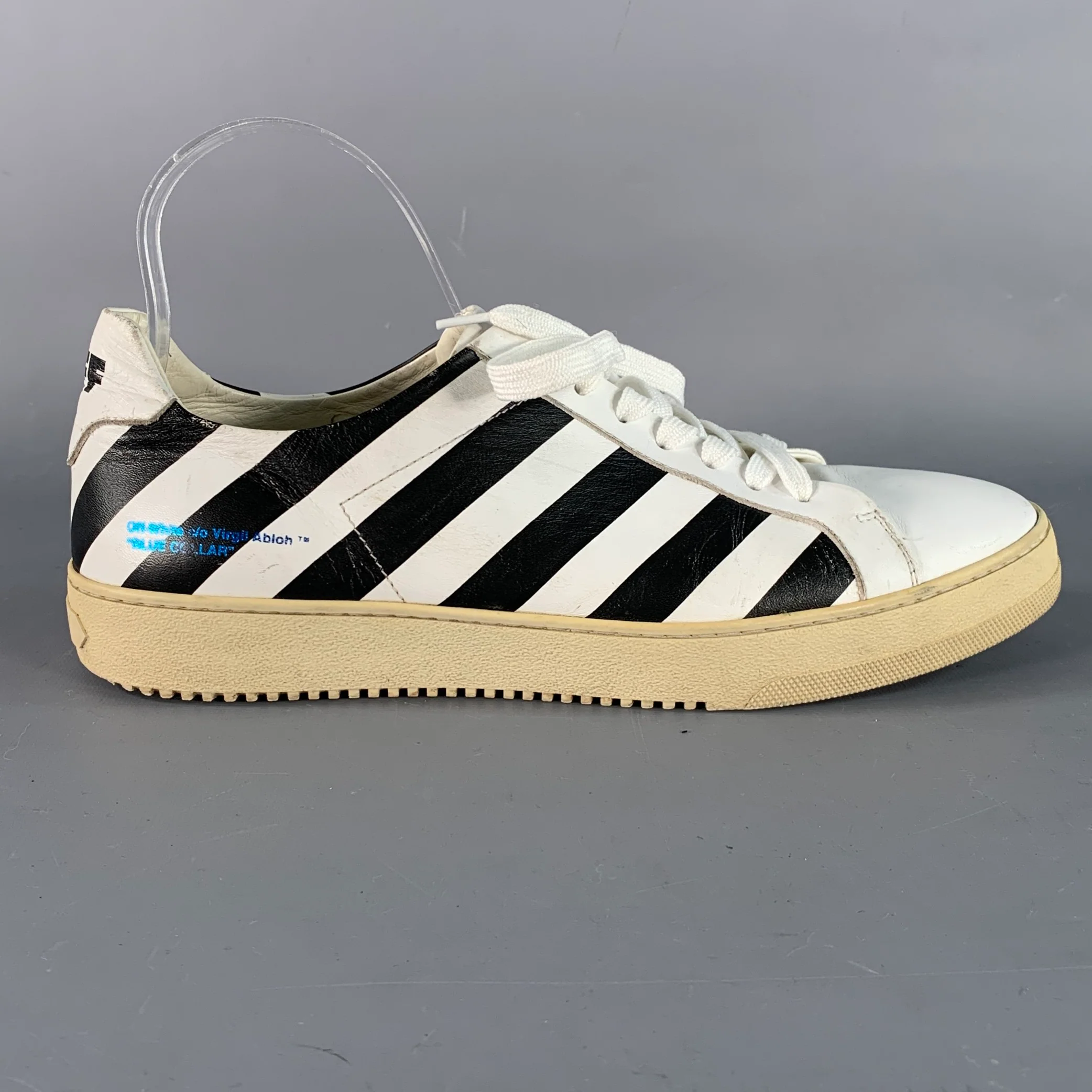 OFF-WHITE Size 9 Black White Stripe Leather Sneakers - Image 2