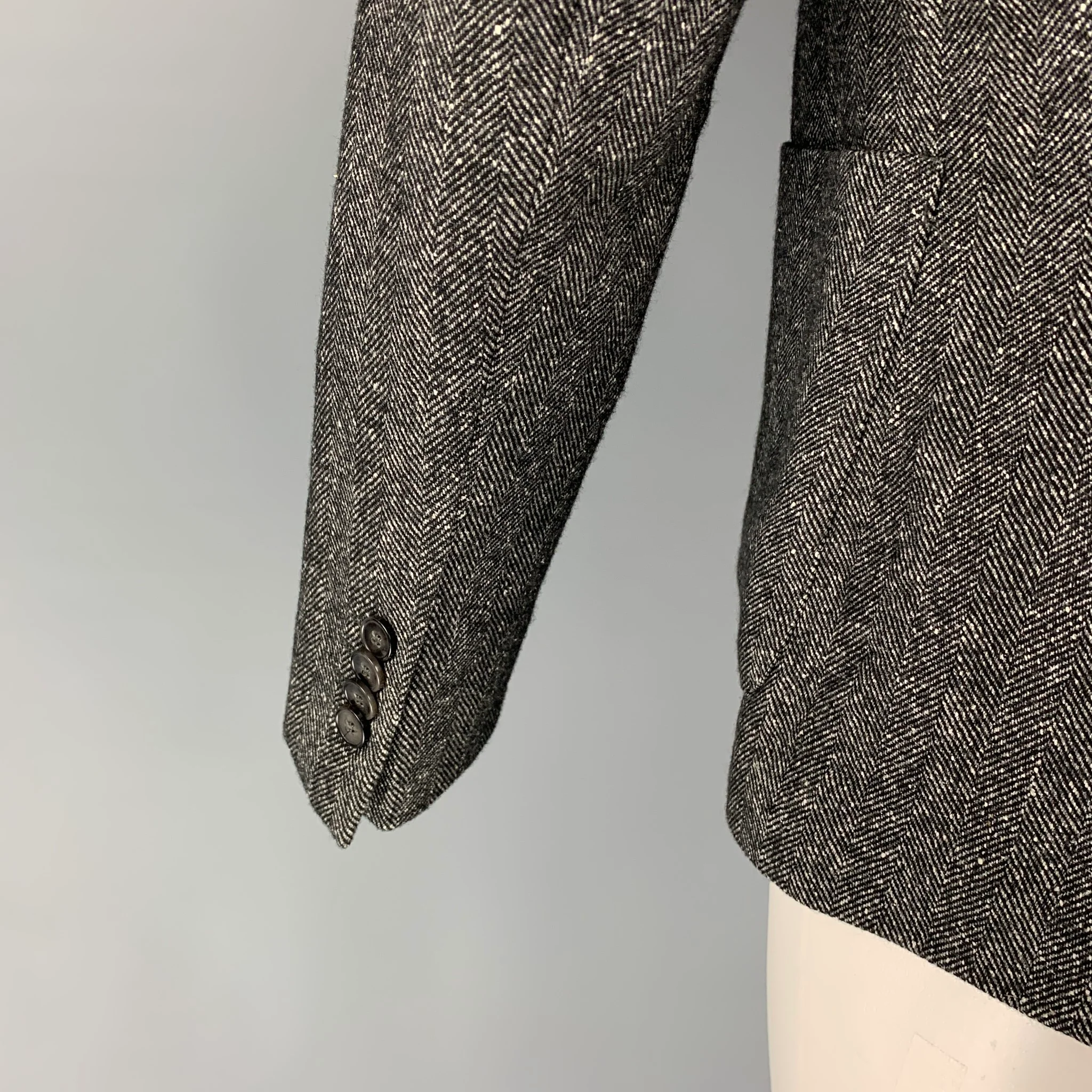 OFFICINE GENERALE Size 38 Black White Herringbone Wool Silk Sport Coat - Image 5