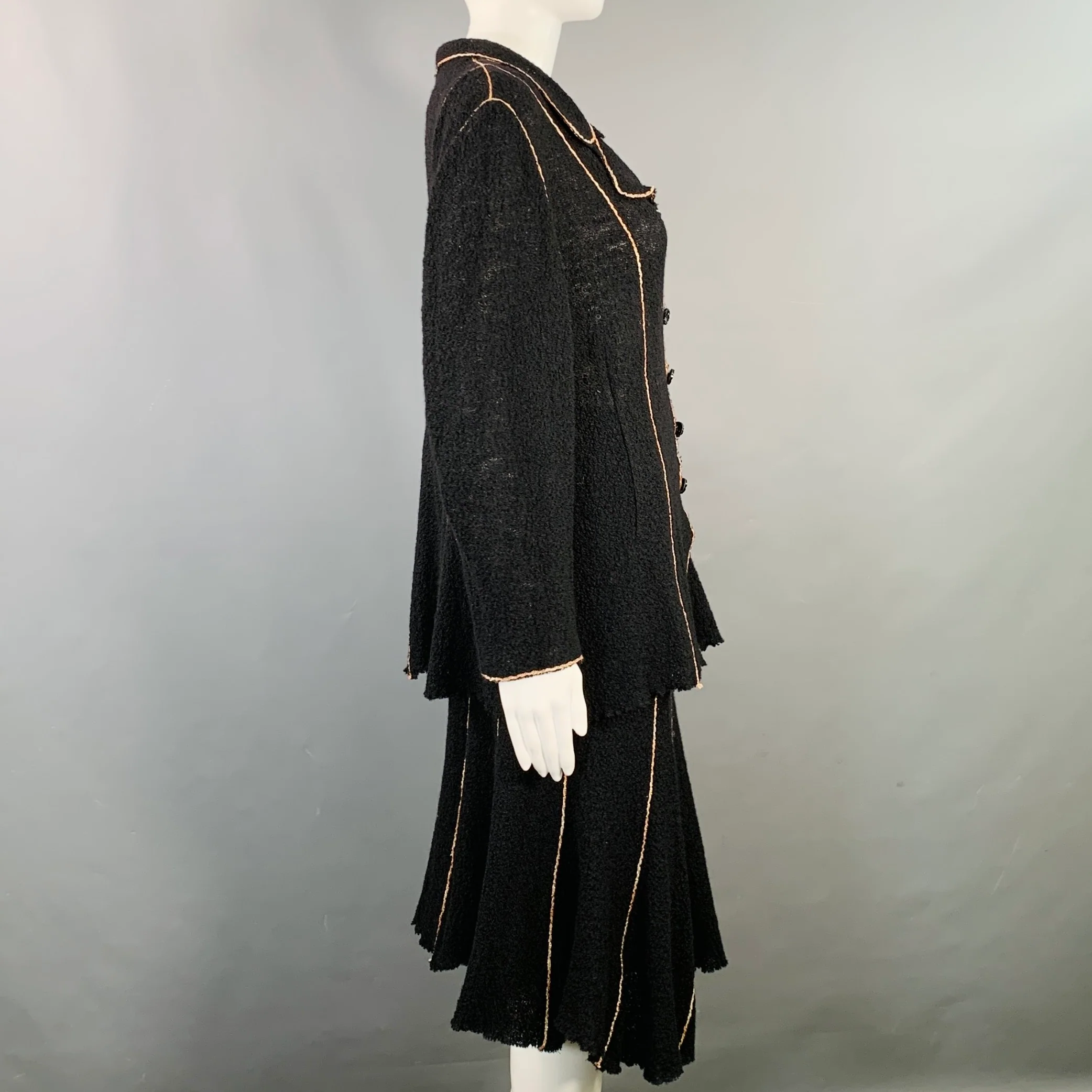 OKW Size S Black Gold Wool Stripe Midi Skirt Suit - Image 3