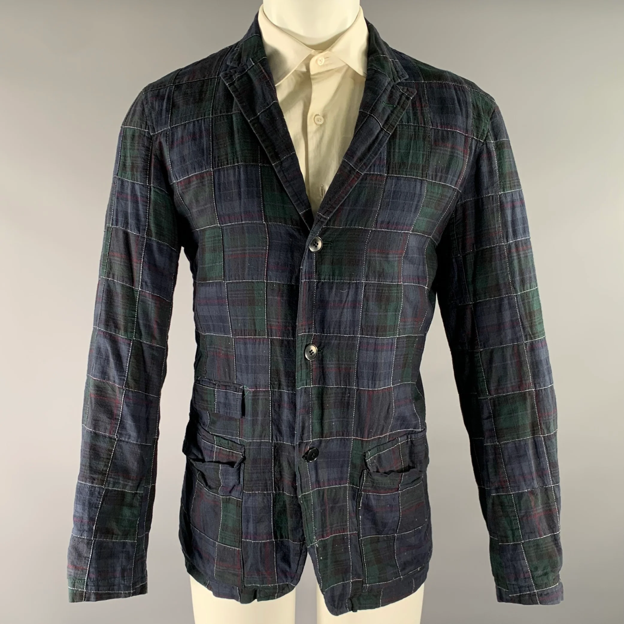 ONES STROKE Chest Size XL Navy Green & Red Plaid Cotton Notch Lapel Sport Coat
