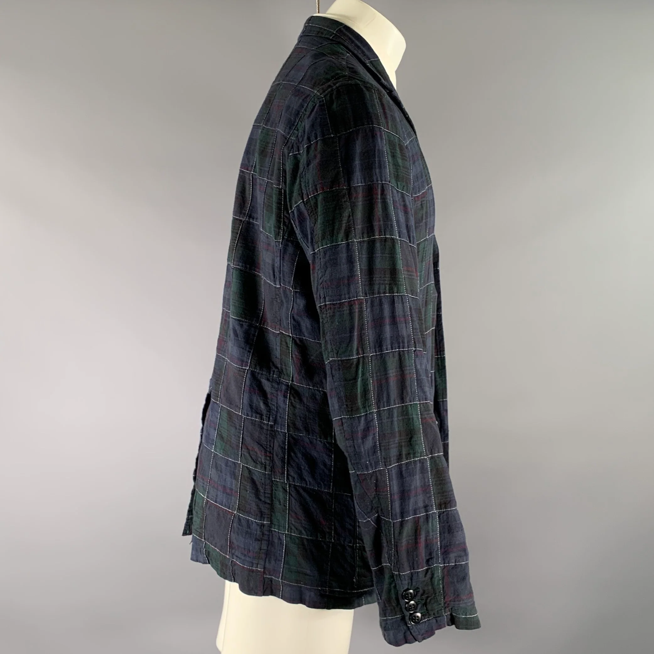 ONES STROKE Chest Size XL Navy Green & Red Plaid Cotton Notch Lapel Sport Coat - Image 3