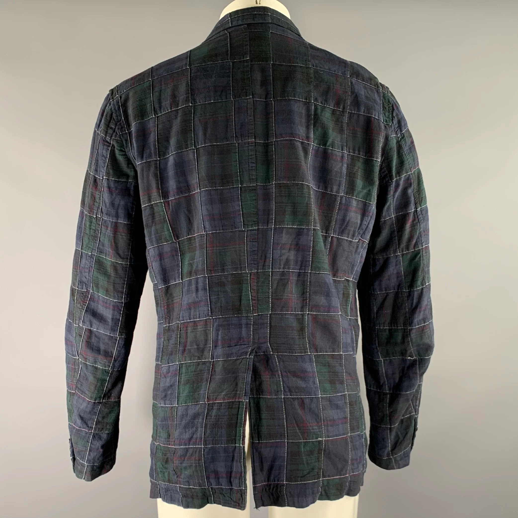 ONES STROKE Chest Size XL Navy Green & Red Plaid Cotton Notch Lapel Sport Coat - Image 4