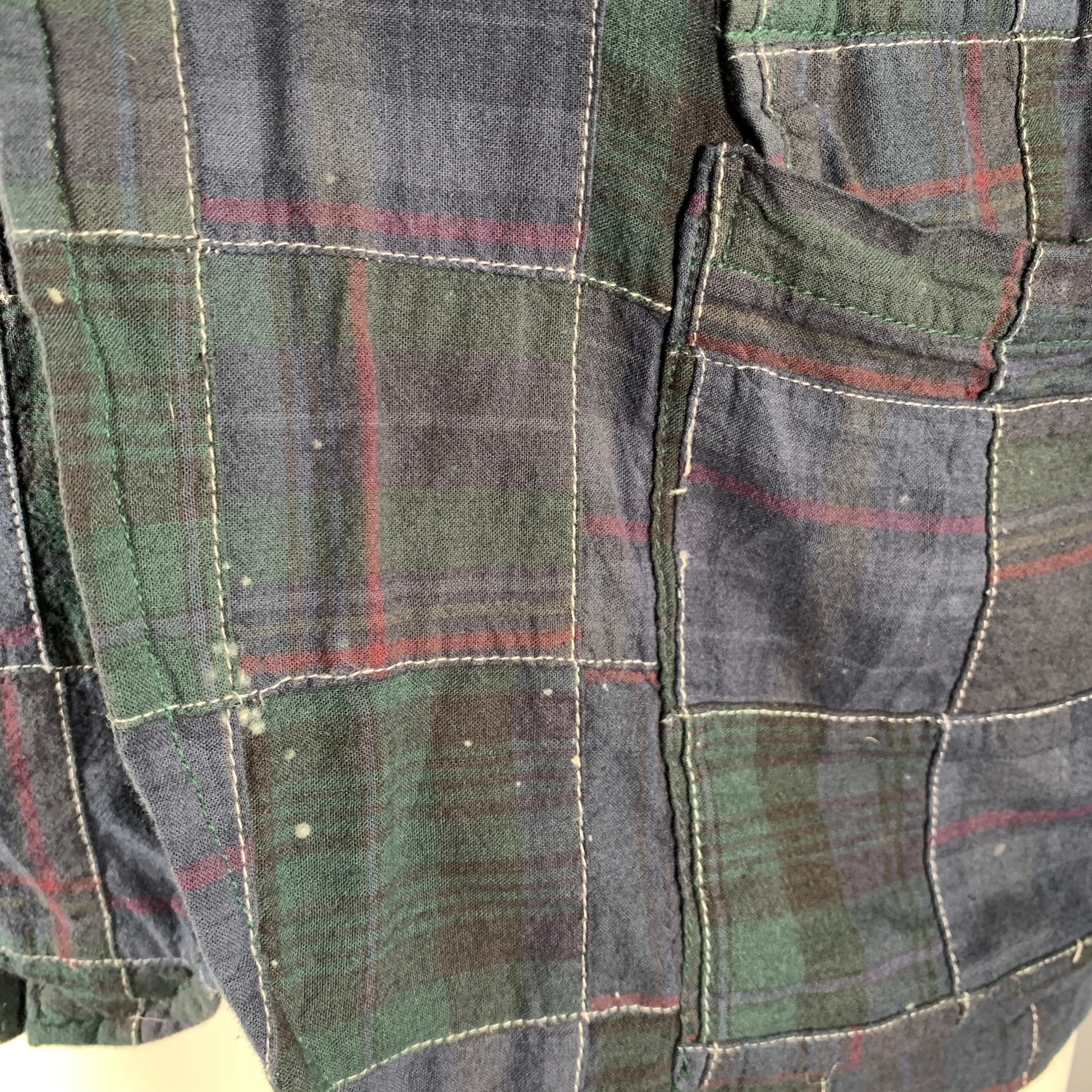 ONES STROKE Chest Size XL Navy Green & Red Plaid Cotton Notch Lapel Sport Coat - Image 5