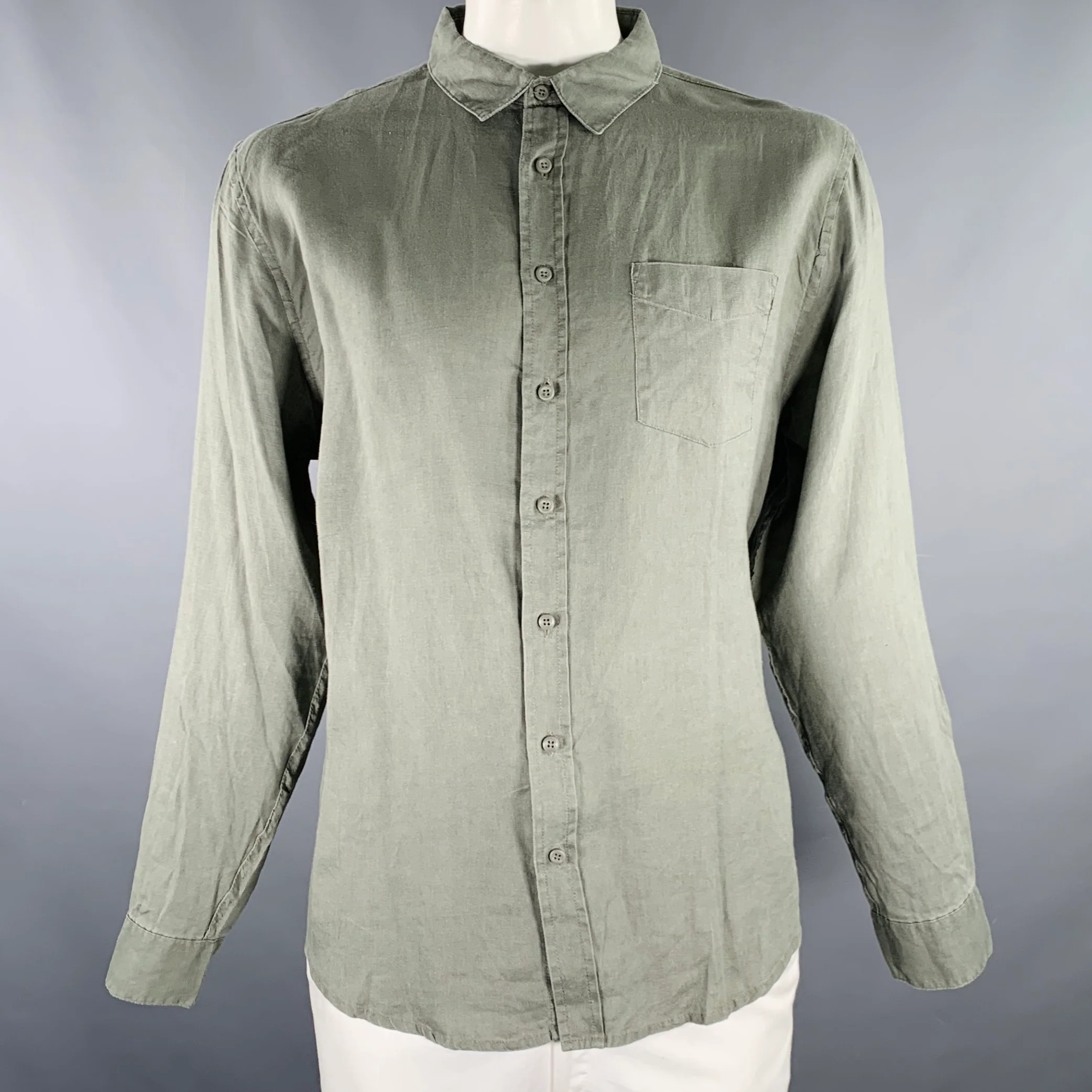 ONIA Size XL Green Olive Linen One Pocket Long Sleeve Shirt