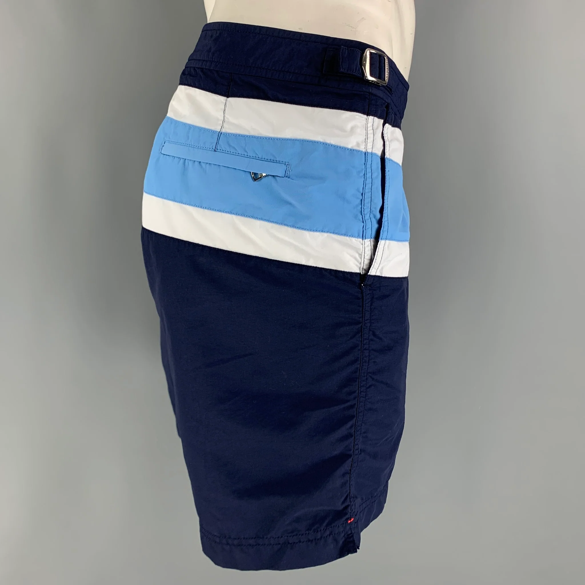 ORLEBAR BROWN Size 38 Navy White Stripe Nylon Side Tabs Swim Trunks - Image 3