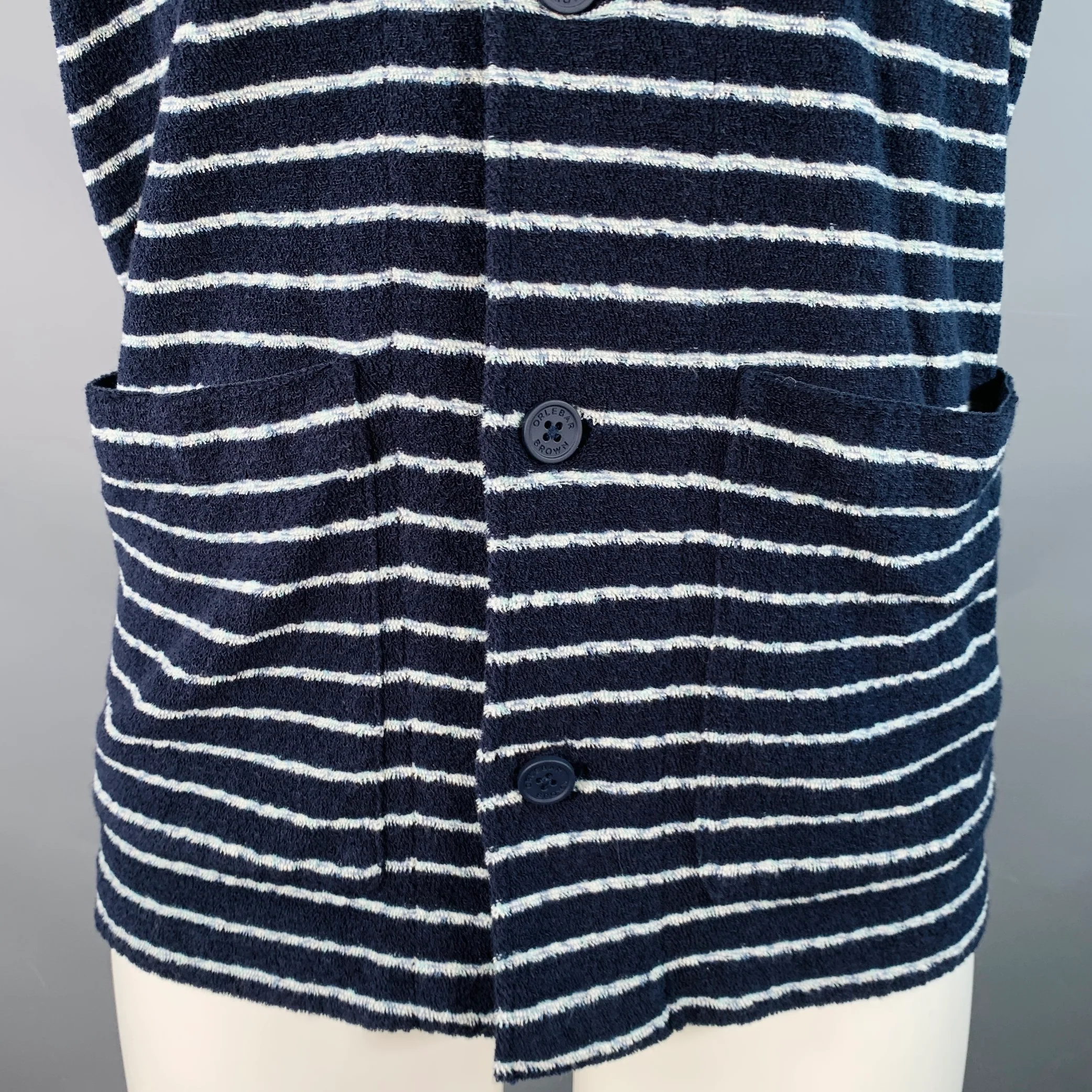 ORLEBAR BROWN Size M Navy White Pinstripe Cotton Terry Two Pockets Short Sleeve Shirt - Image 2