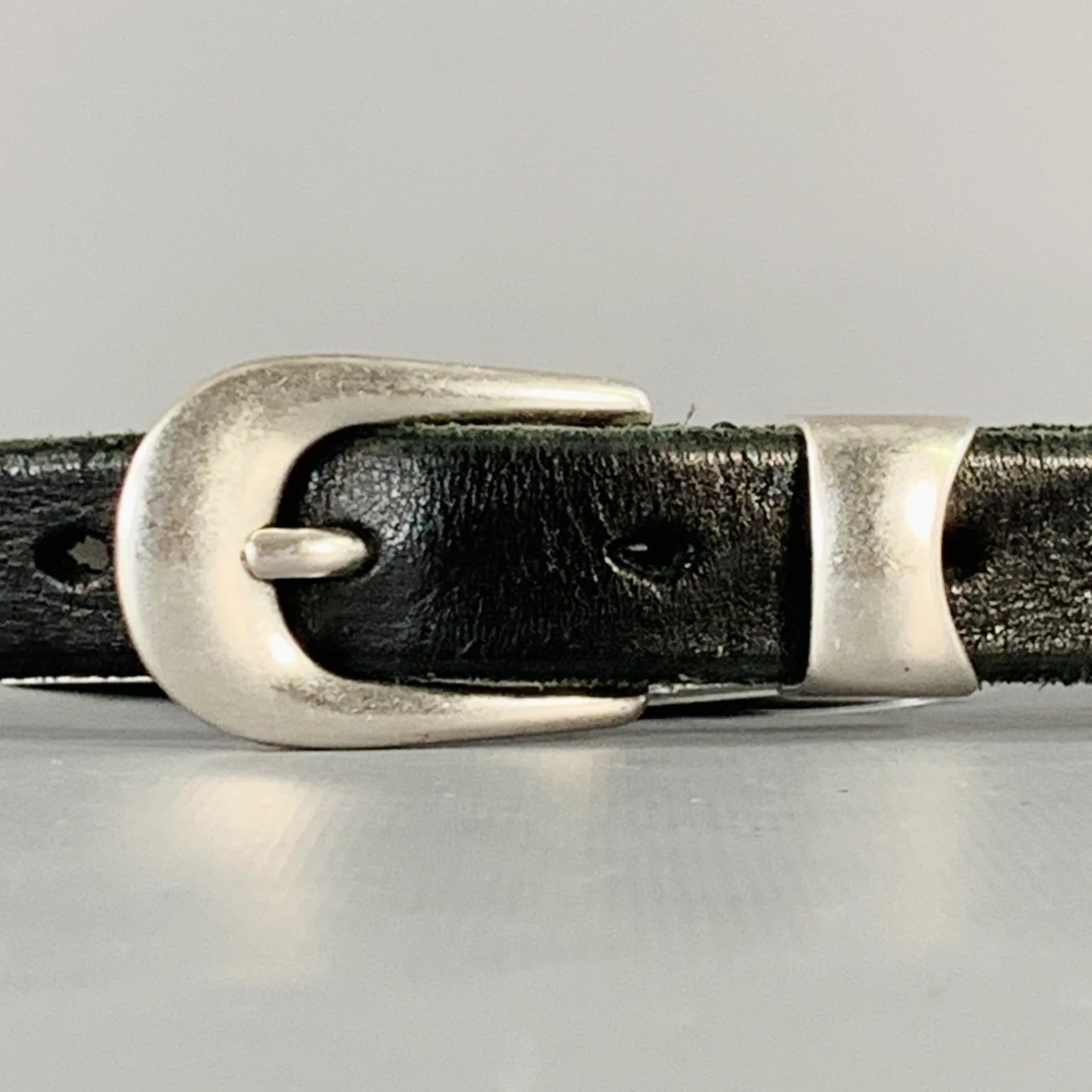 OUR LEGACY Size L Black Silver Leather Skinny Belt - Image 2