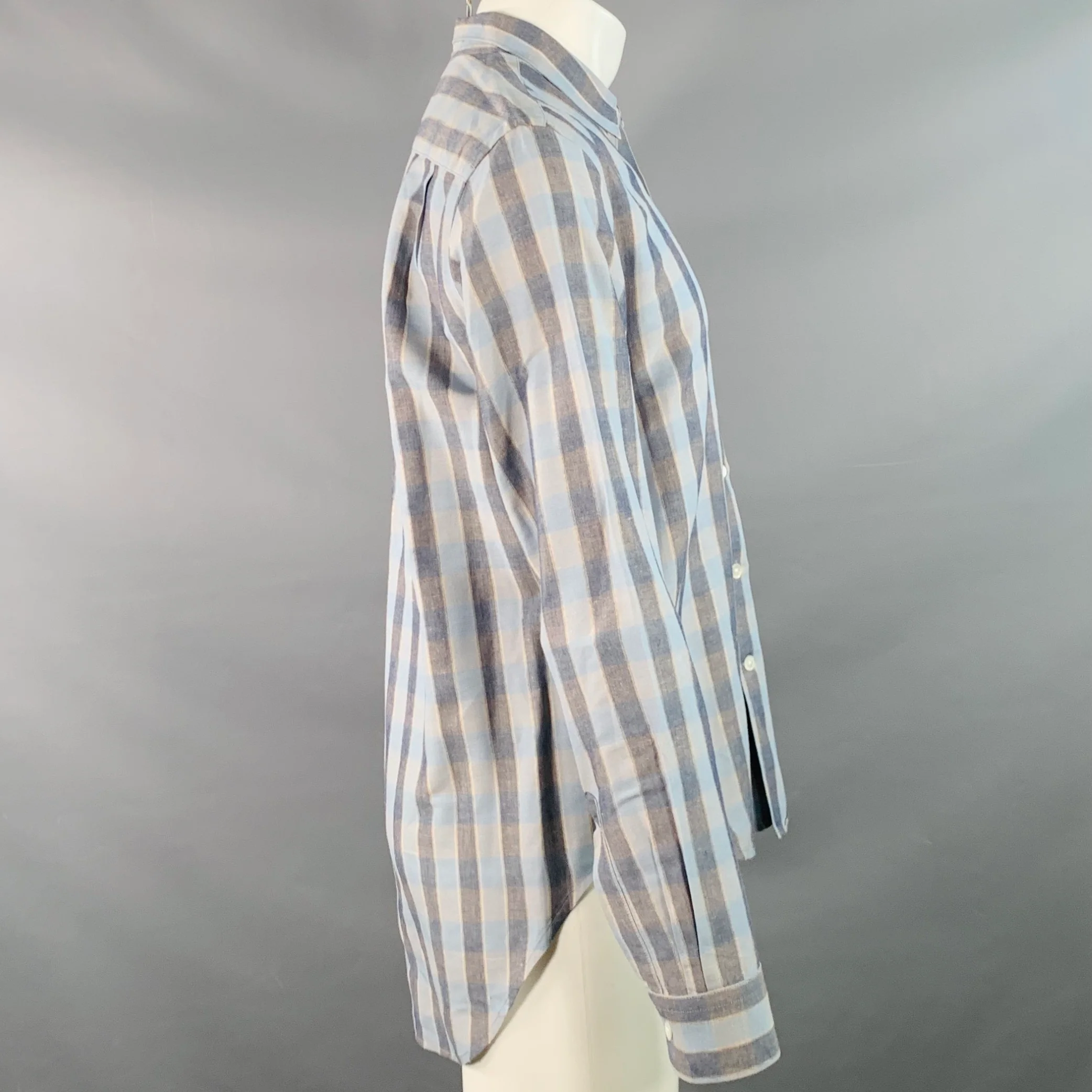 OUR LEGACY SS16 Size 38 Blue Grey Plaid Linen Cotton One Pocket Long Sleeve Shirt - Image 3