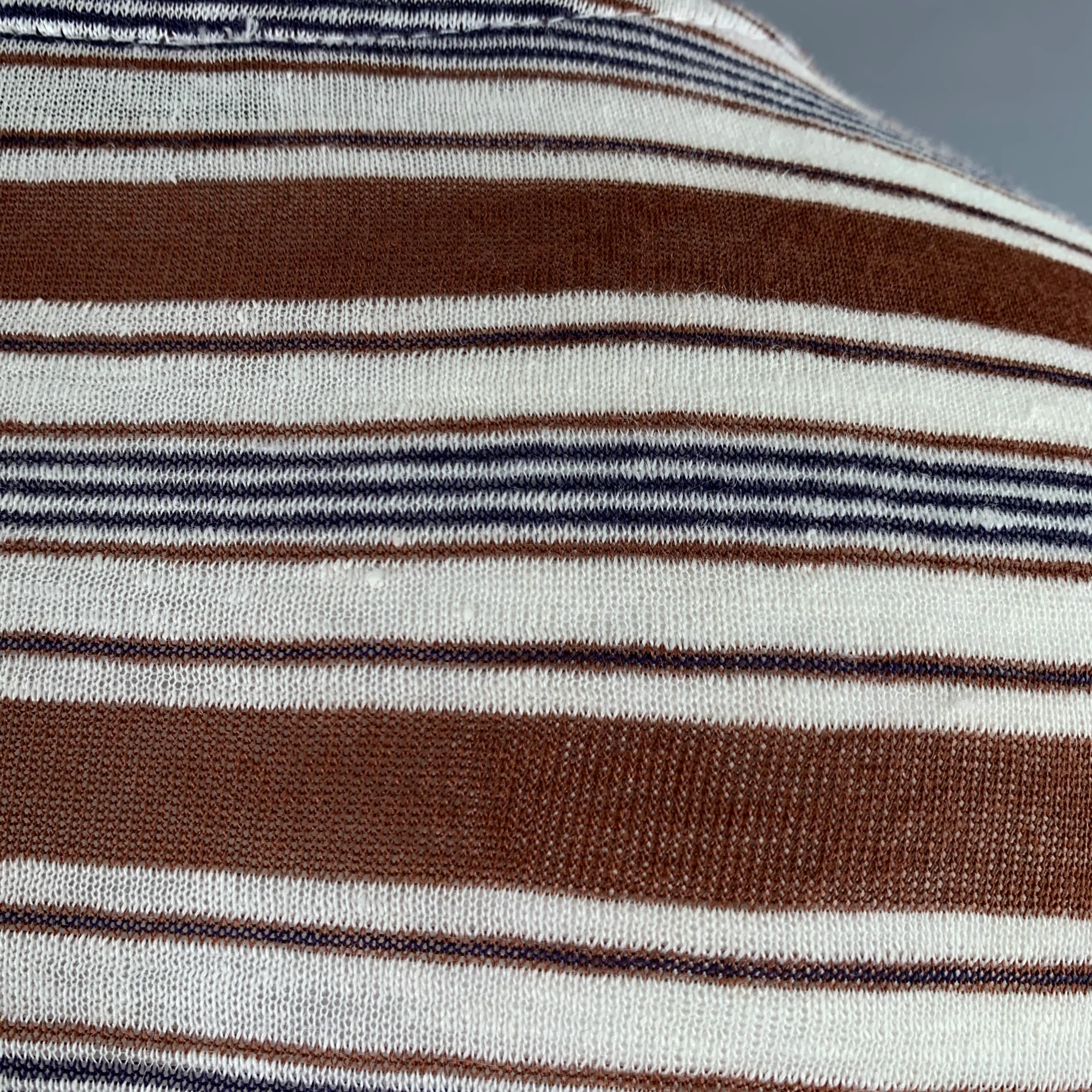 OUT/FIT Size XL Brown White Navy Stripe Linen Crew Neck T-shirt - Image 4