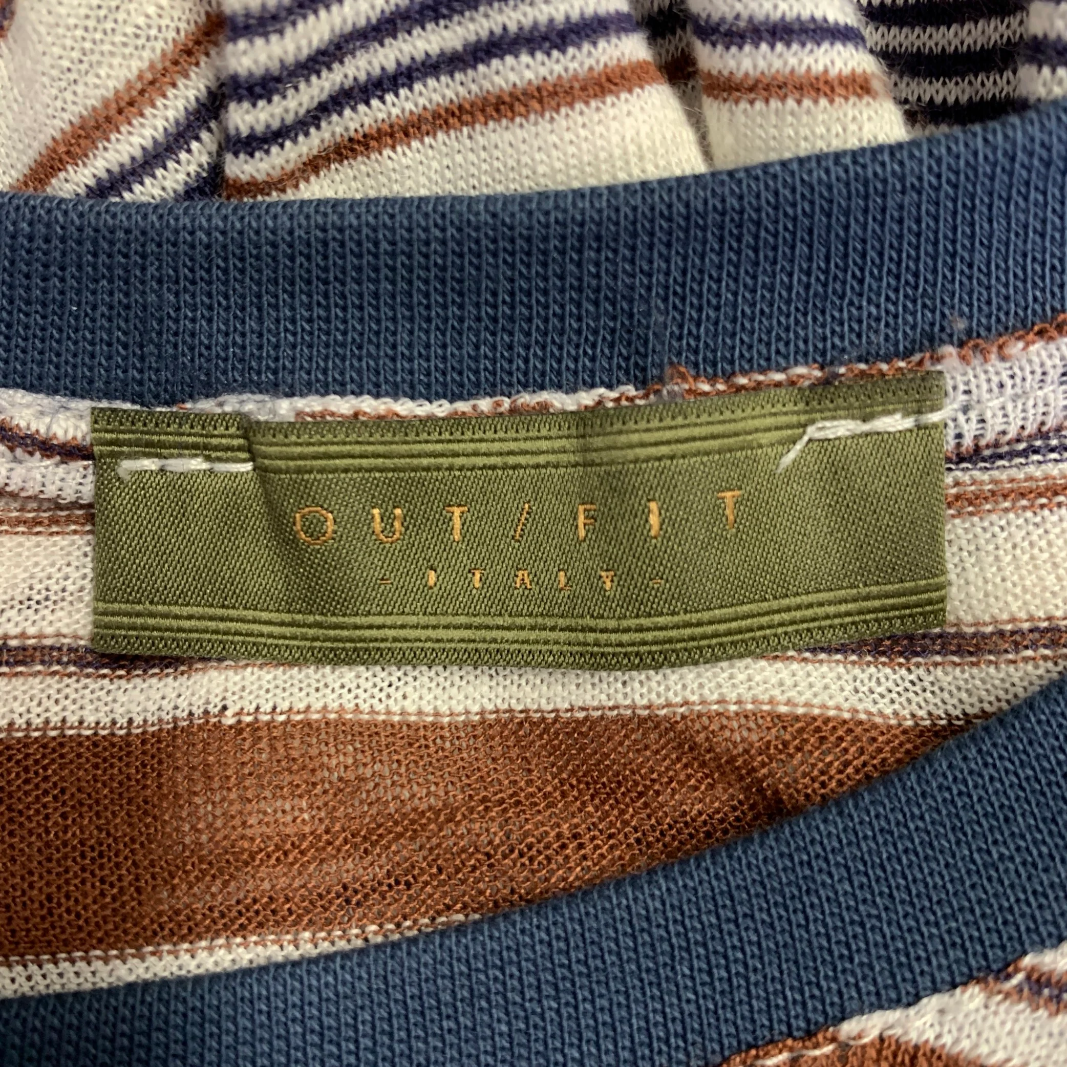 OUT/FIT Size XL Brown White Navy Stripe Linen Crew Neck T-shirt - Image 5