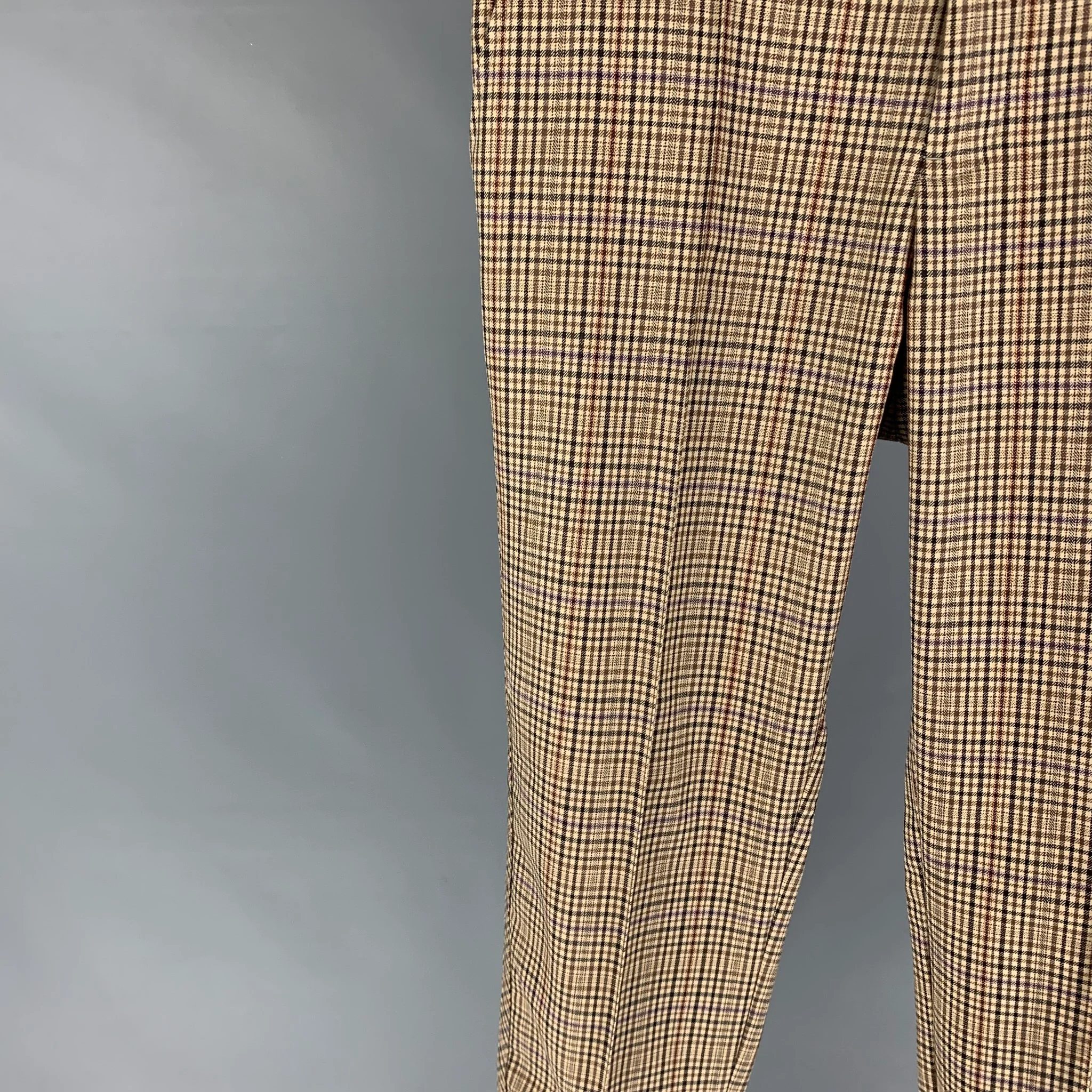 OVADIA & SONS Size 32 Khaki Brown Plaid Wool Elastic Waistband Dress Pants - Image 2