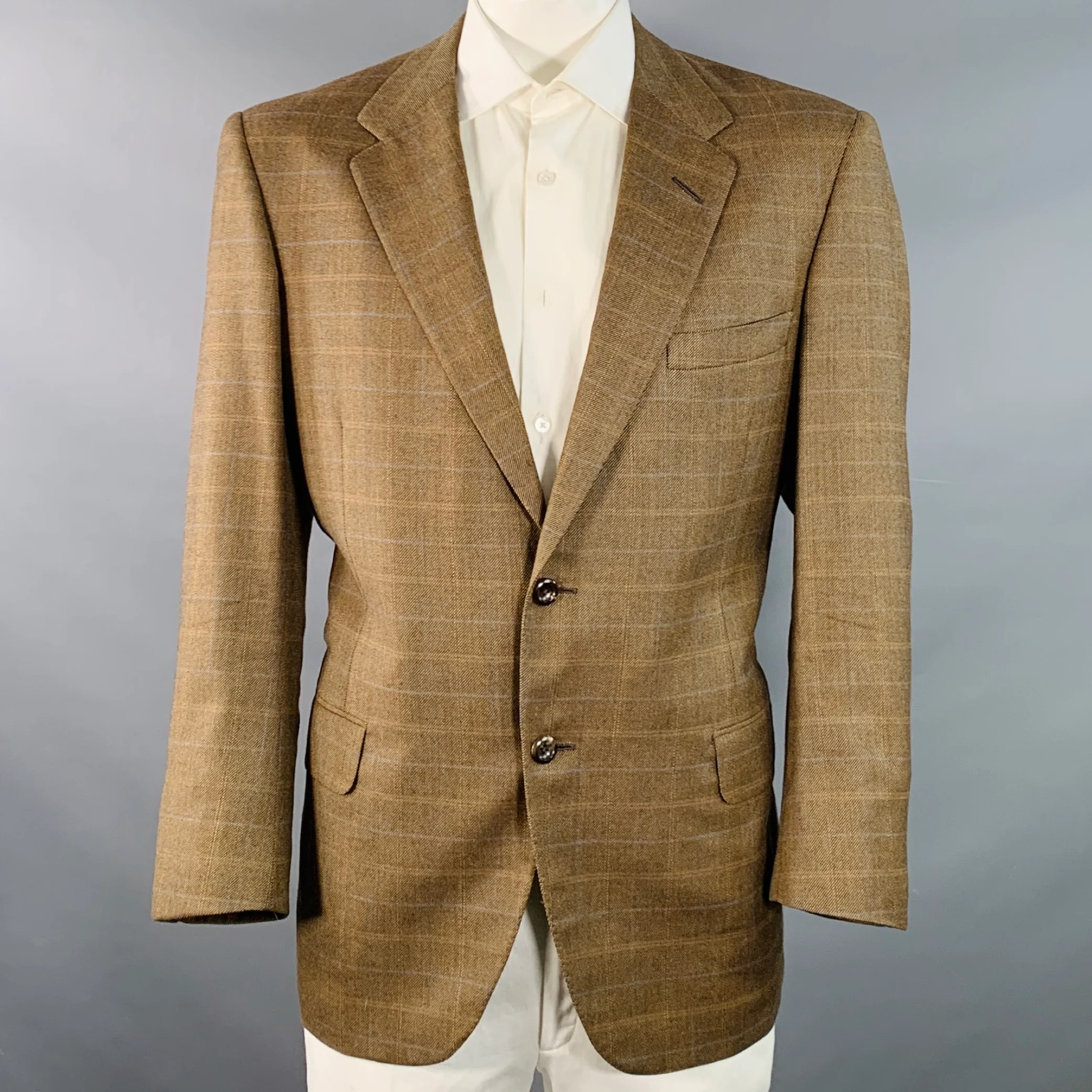 OXXFORD CLOTHES Size 44 Regular Brown Blue Plaid Wool Tweed Notch Lapel Sport Coat