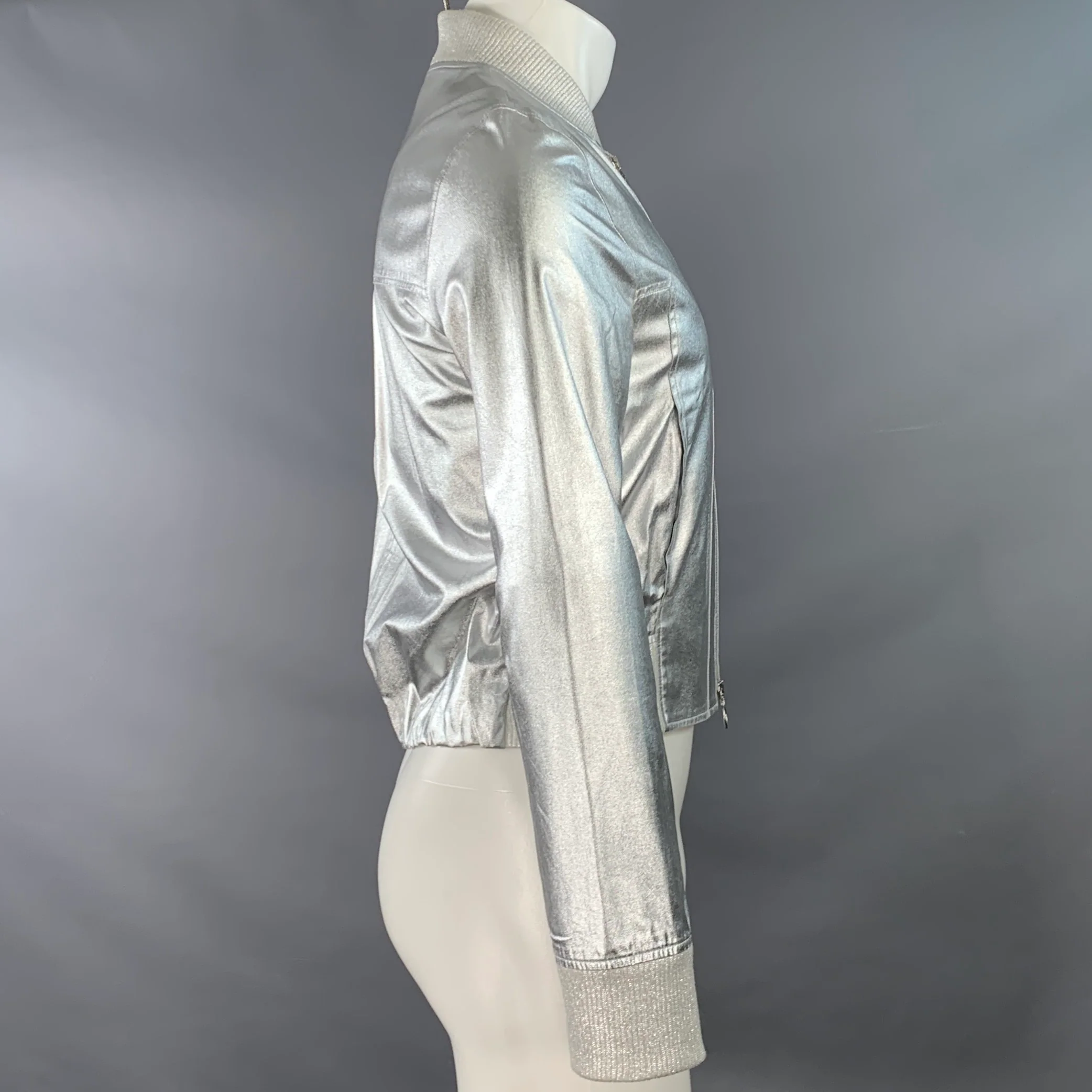 PACO RABANNE Size 38 Silver Shimmer Viscose Bomber Jacket - Image 3
