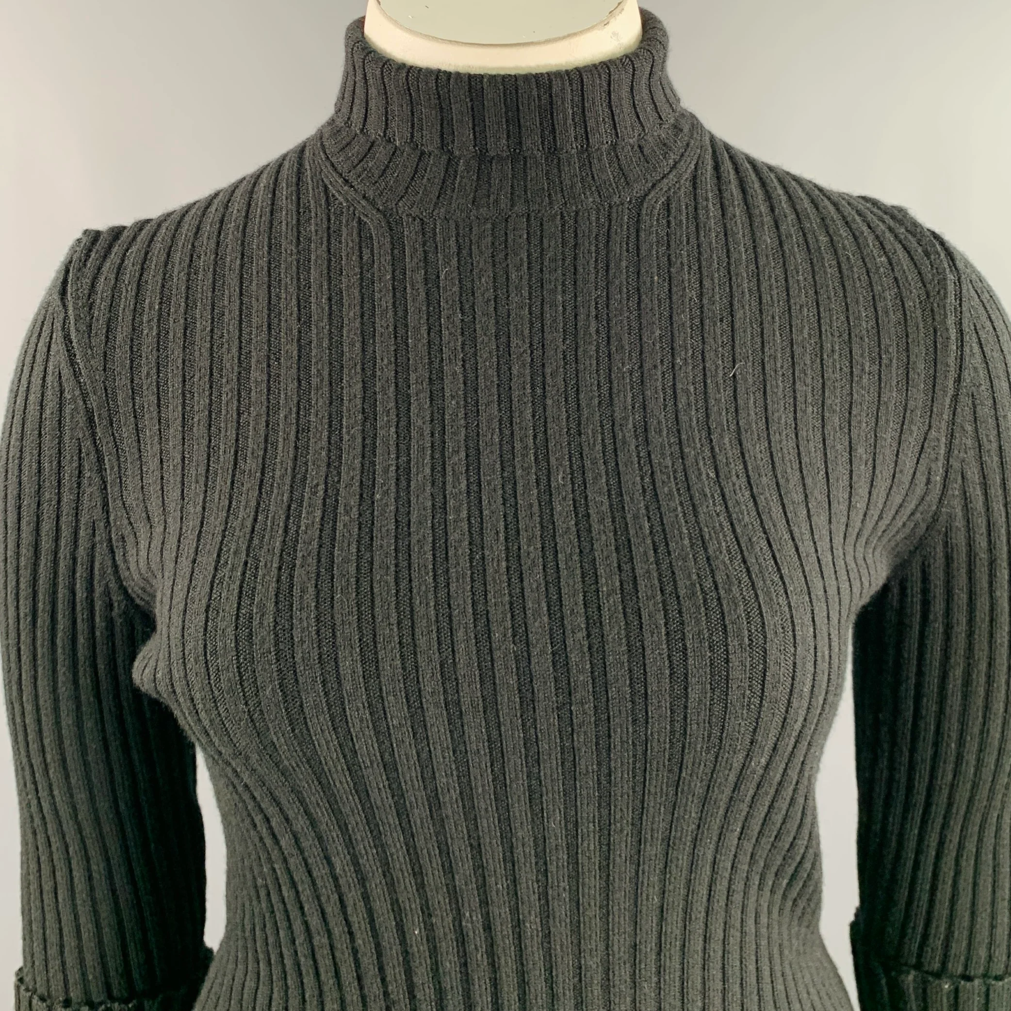PACO RABANNE Size L Black Wool Blend Ribbed Turtleneck Dress - Image 2