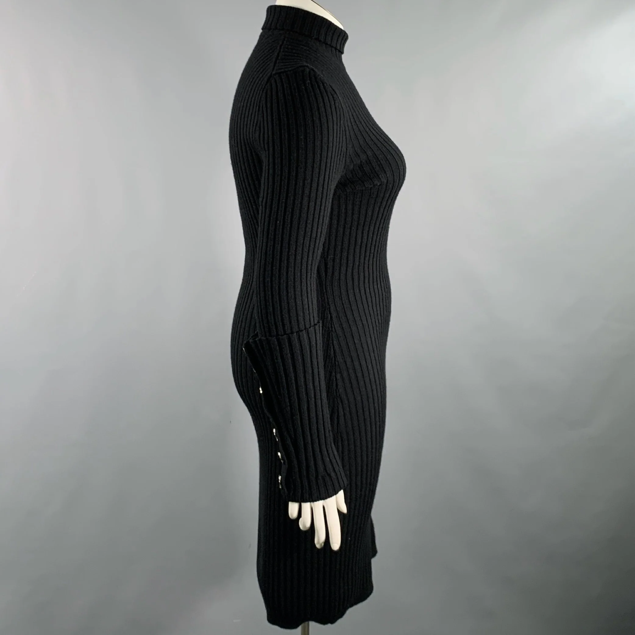PACO RABANNE Size L Black Wool Blend Ribbed Turtleneck Dress - Image 3