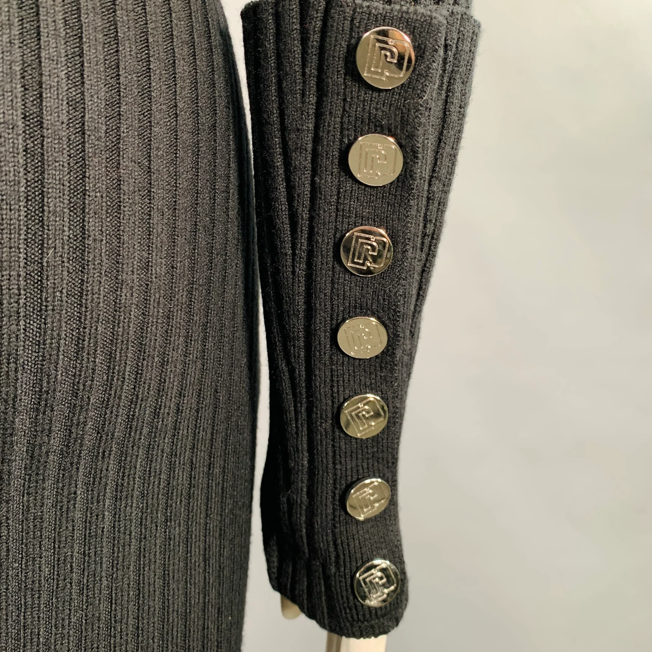 PACO RABANNE Size L Black Wool Blend Ribbed Turtleneck Dress - Image 5
