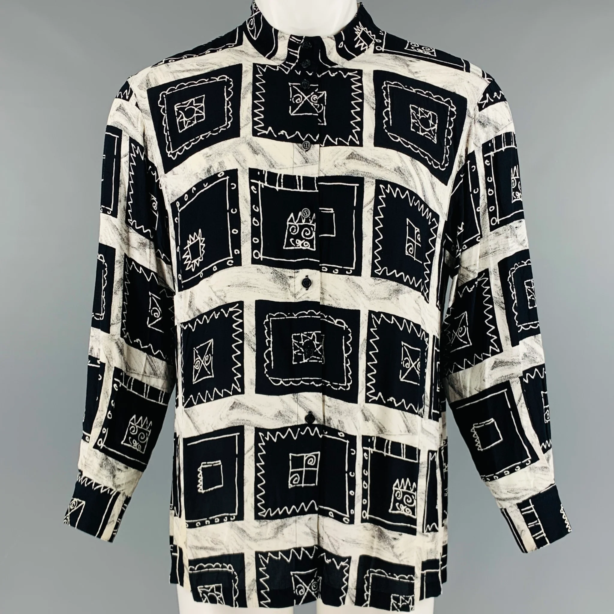 PACO RABANNE Size M Black Cream Squares Rayon Long Sleeve Shirt