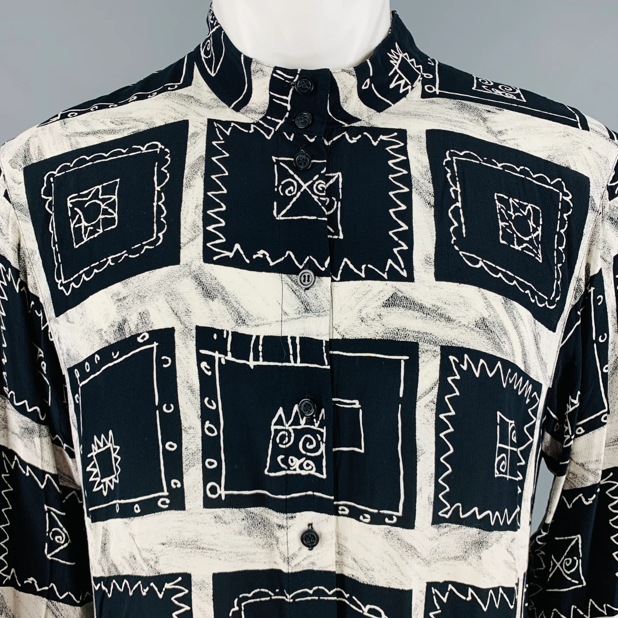 PACO RABANNE Size M Black Cream Squares Rayon Long Sleeve Shirt - Image 2