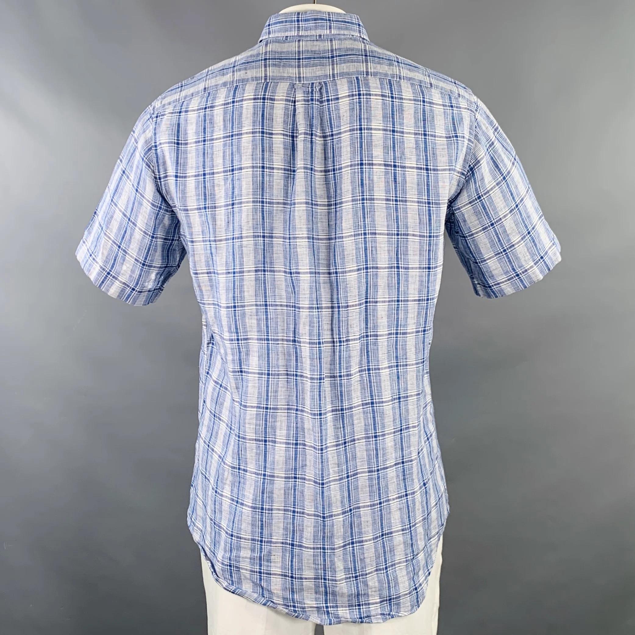 PAL ZILERI Size L Blue White Plaid Linen Short Sleeve Shirt - Image 3