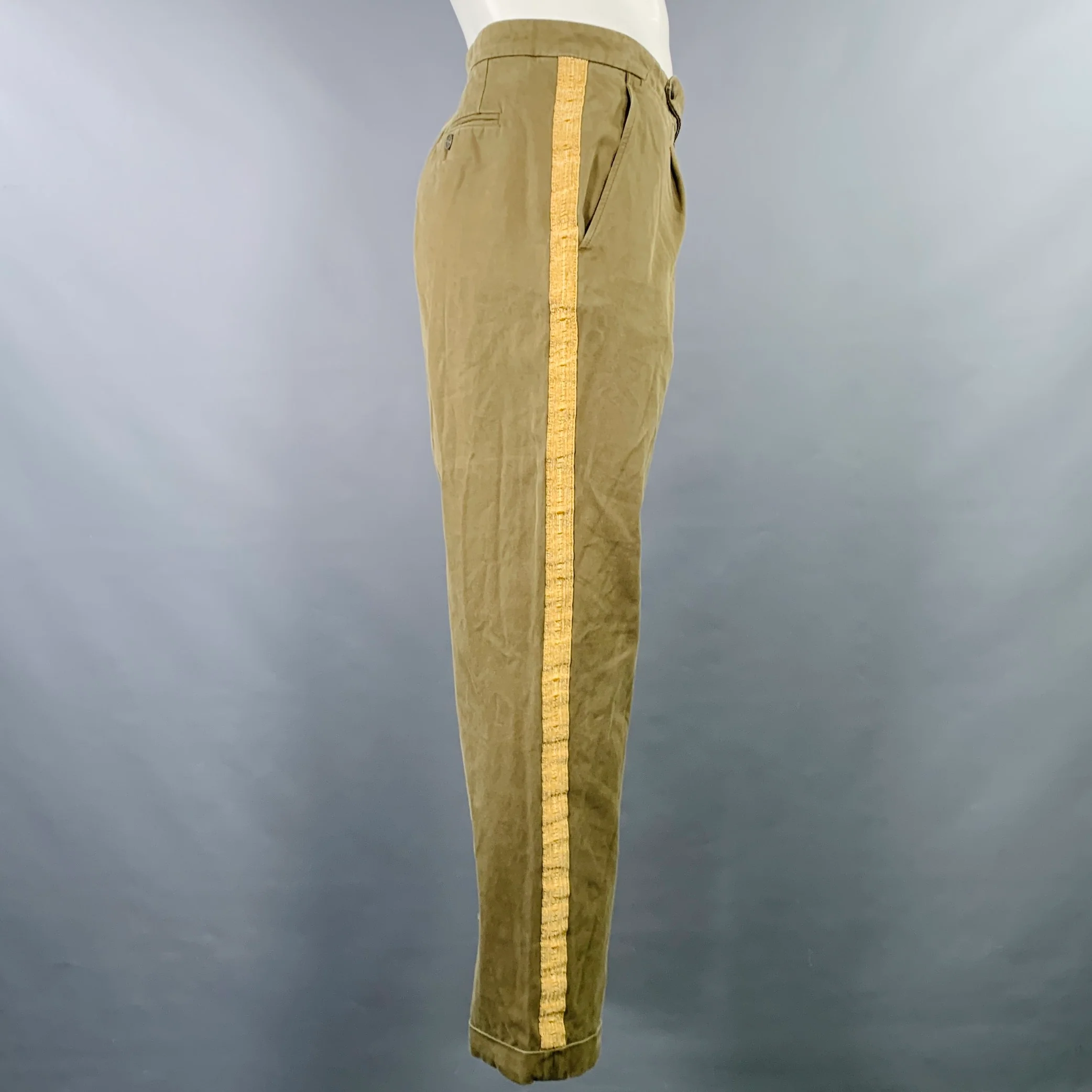 PALM ANGELS Size 38 Green Gold Striped Trim Cotton Chino Casual Pants - Image 2