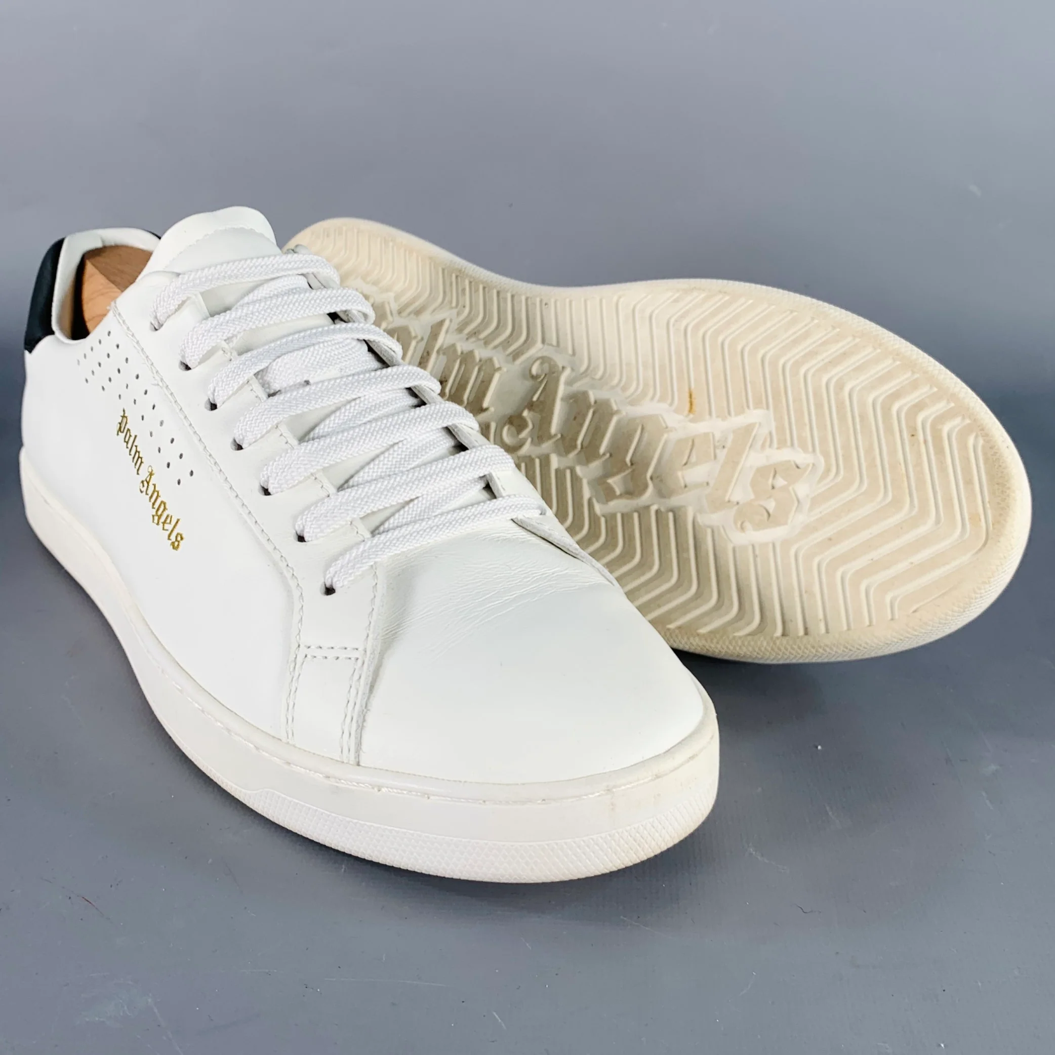 PALM ANGELS Size 9 White Black Leather Lace-Up Low Top Sneakers - Image 5