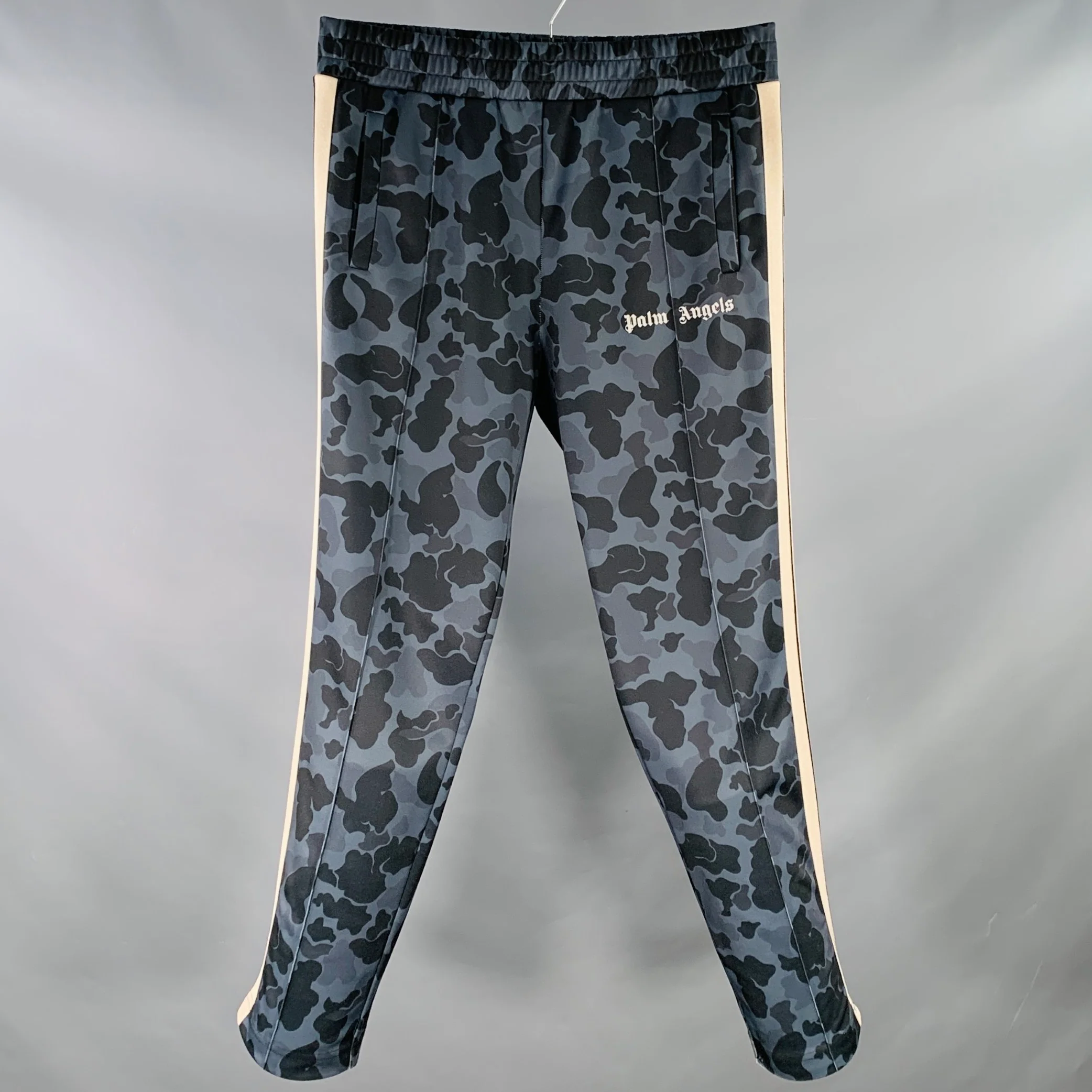 PALM ANGELS Size XL Navy Black Camouflage Polyester Drawstring Casual Pants