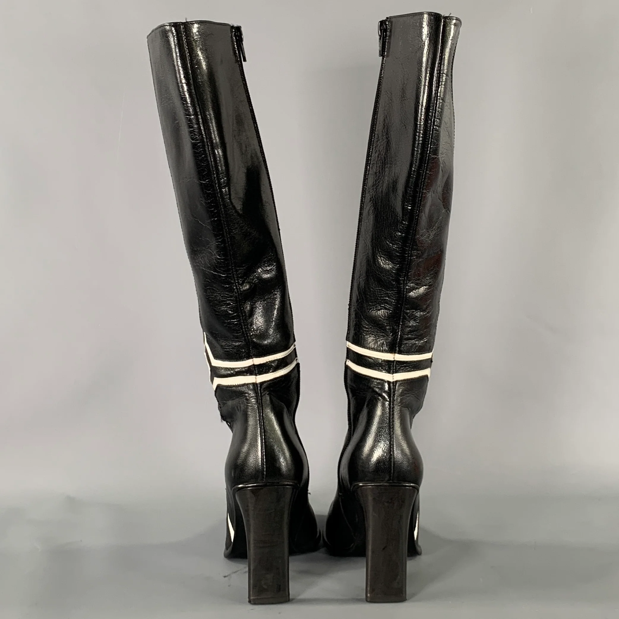 PAOLO IANTORNO Size 6 Black White Leather Geometric Knee Length Boots - Image 3